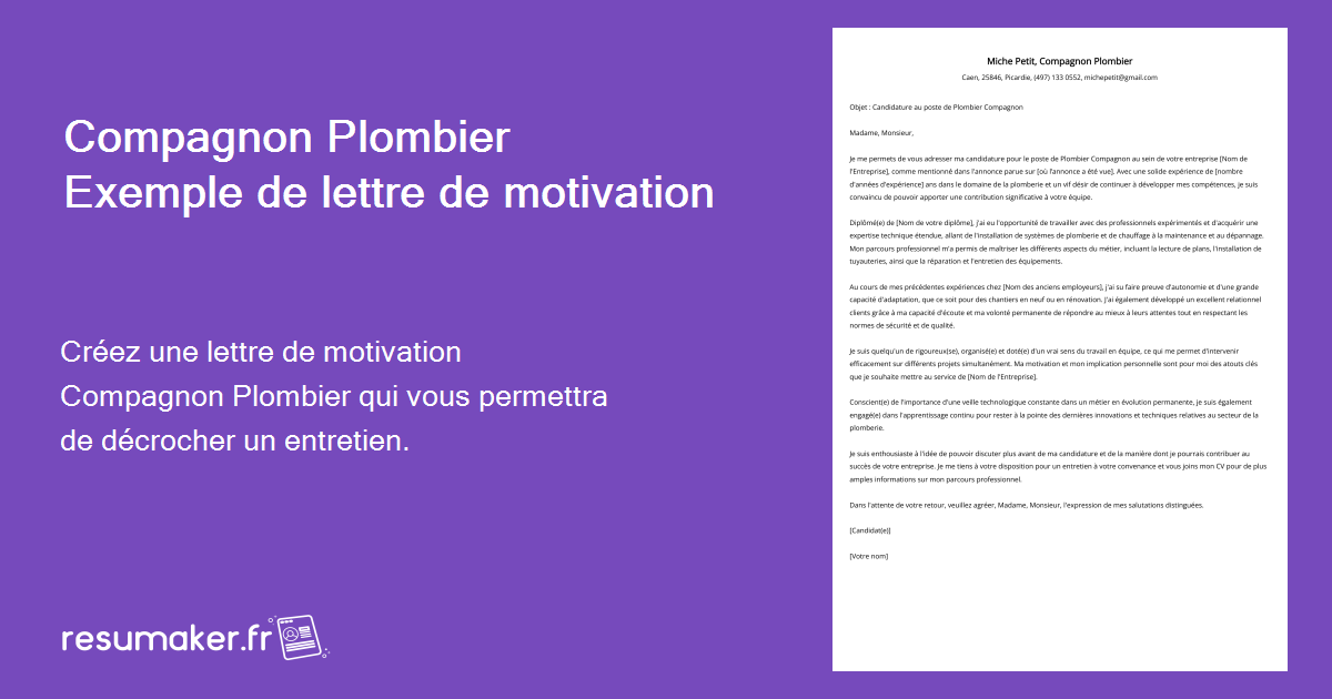 Lettre De Motivation Compagnon Plombier Mod Le Et Guide Emplois De