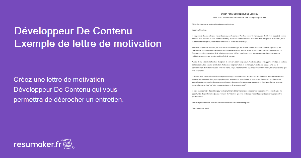 D Veloppeur De Contenu Exemple De Lettre De Motivation Pour