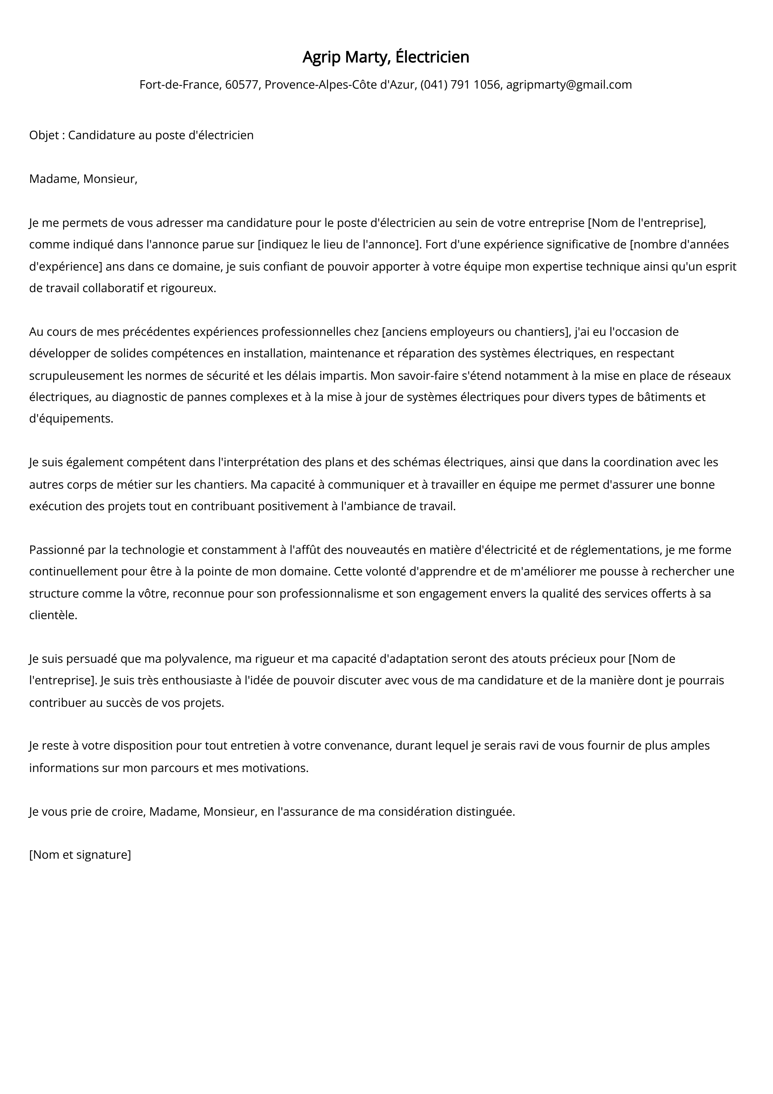 Exemple de lettre de motivation pour un électricien