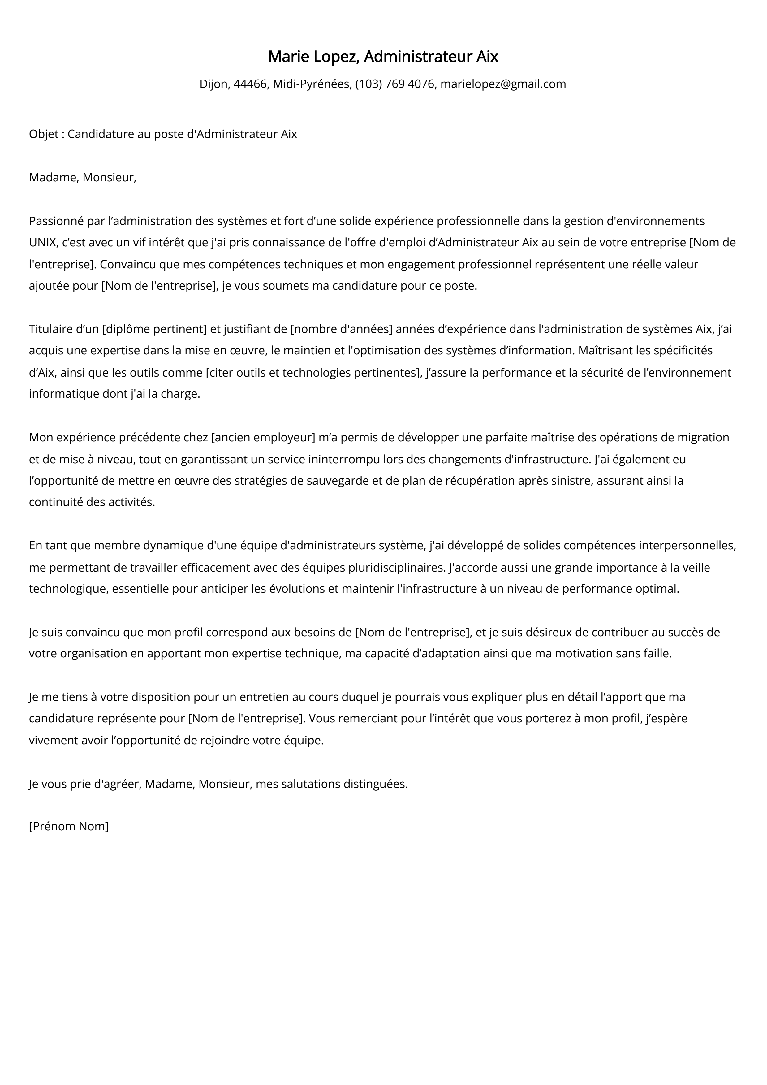 Administrateur Aix Cover Letter Example