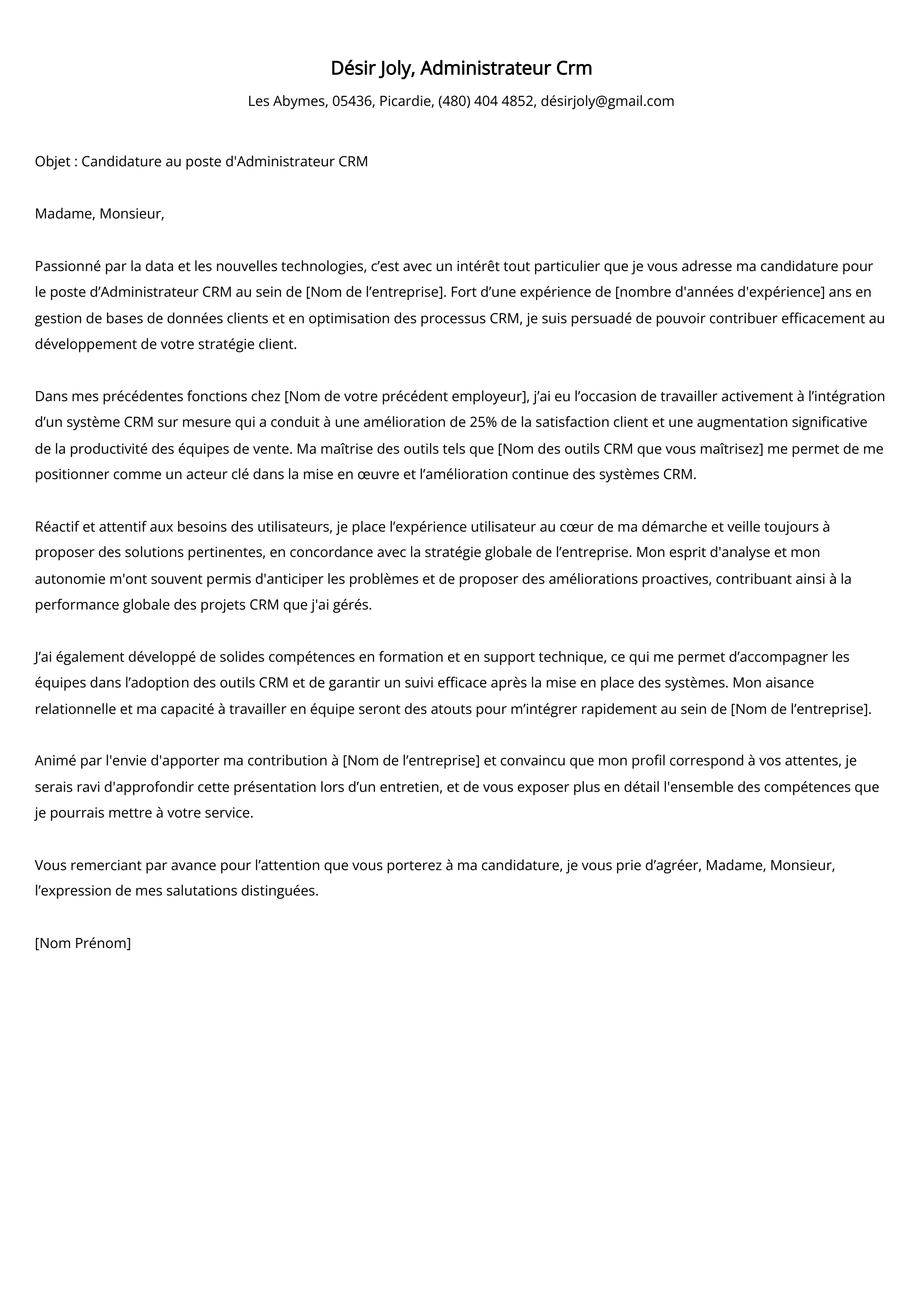 Administrateur Crm Cover Letter Example