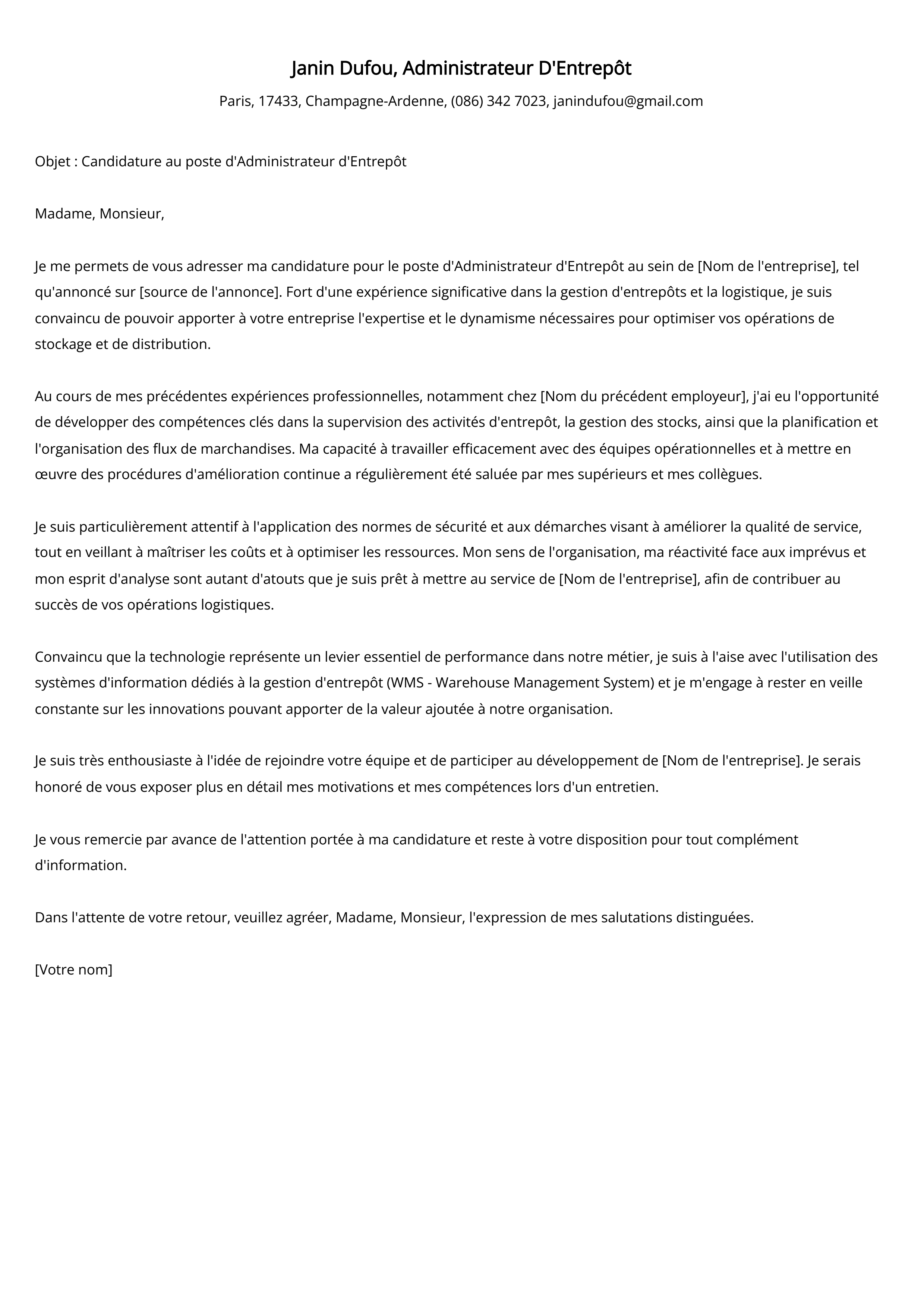 Administrateur D'Entrepôt Cover Letter Example