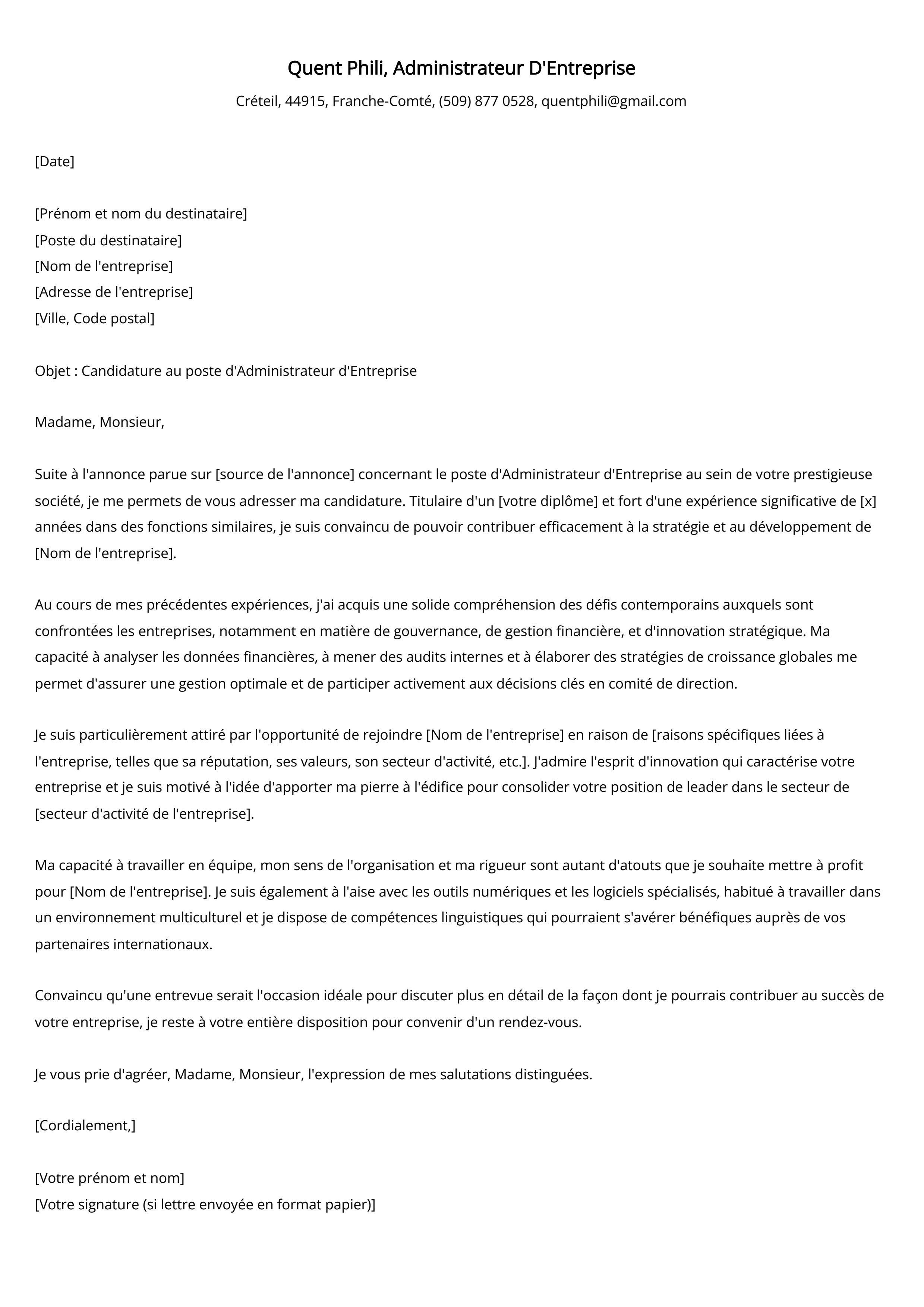 Administrateur D'Entreprise Cover Letter Example