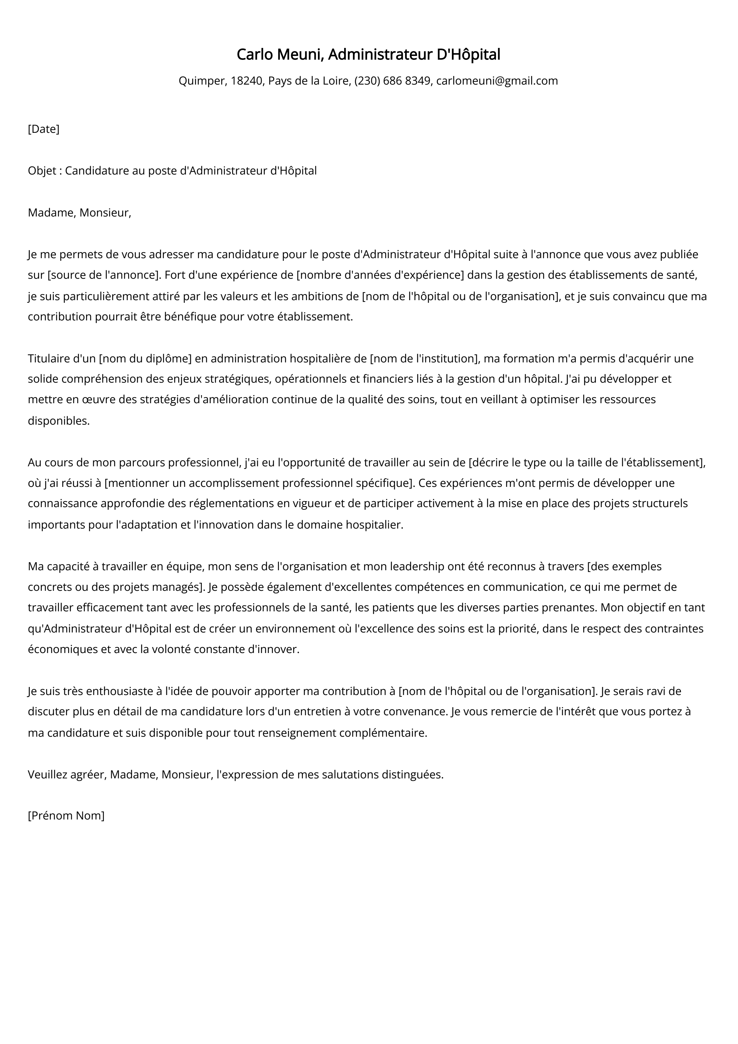 Administrateur D'Hôpital Cover Letter Example