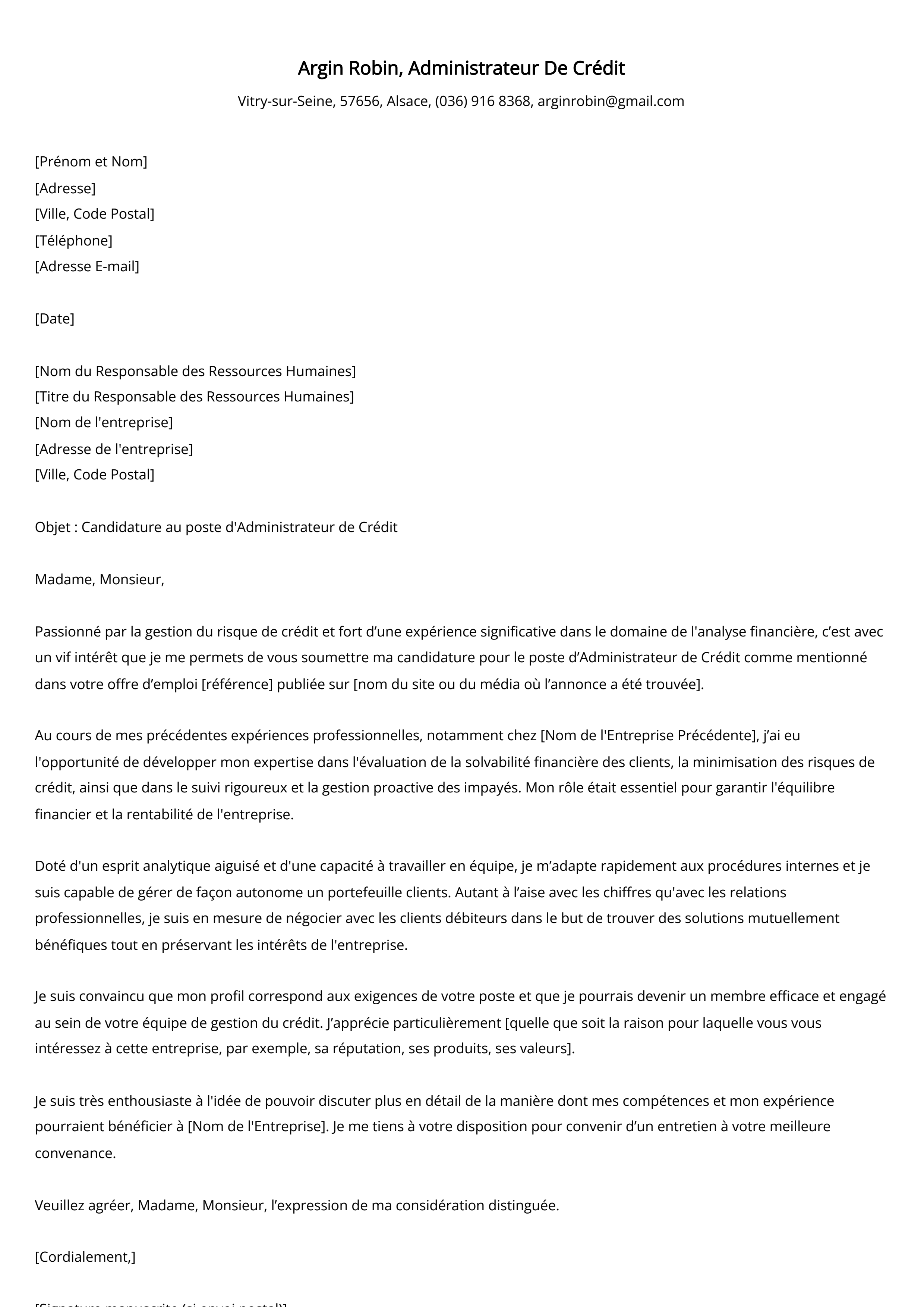 Administrateur De Crédit Cover Letter Example