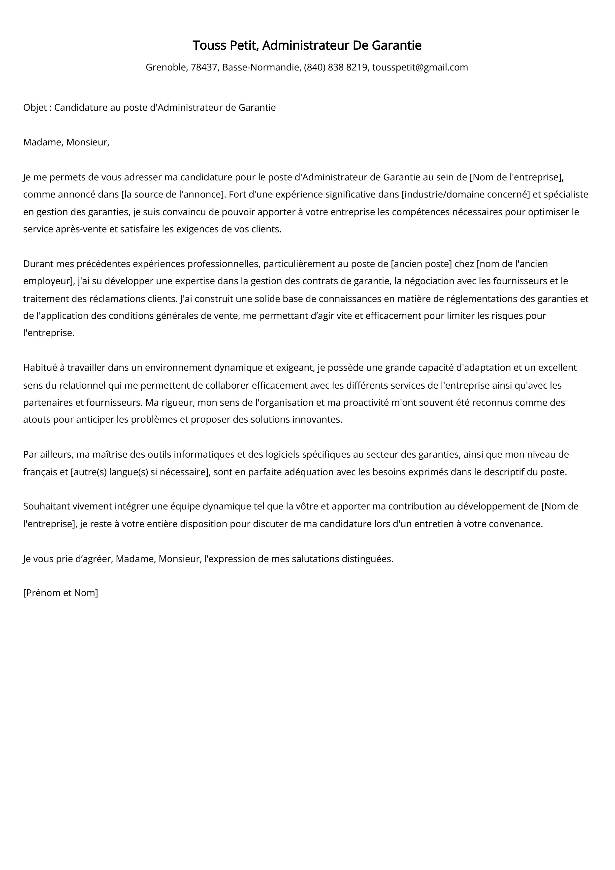 Administrateur De Garantie Cover Letter Example