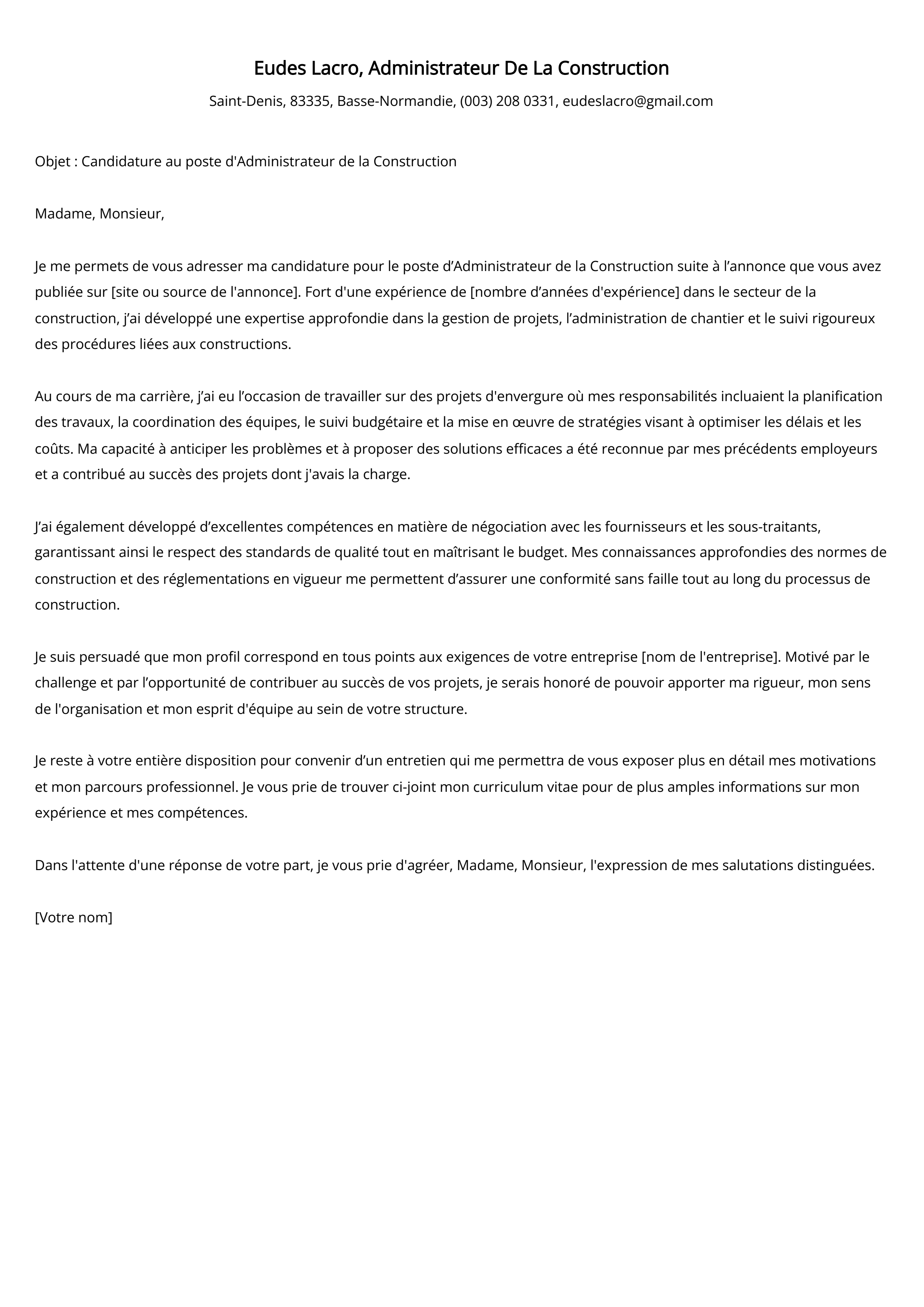 Administrateur De La Construction Cover Letter Example