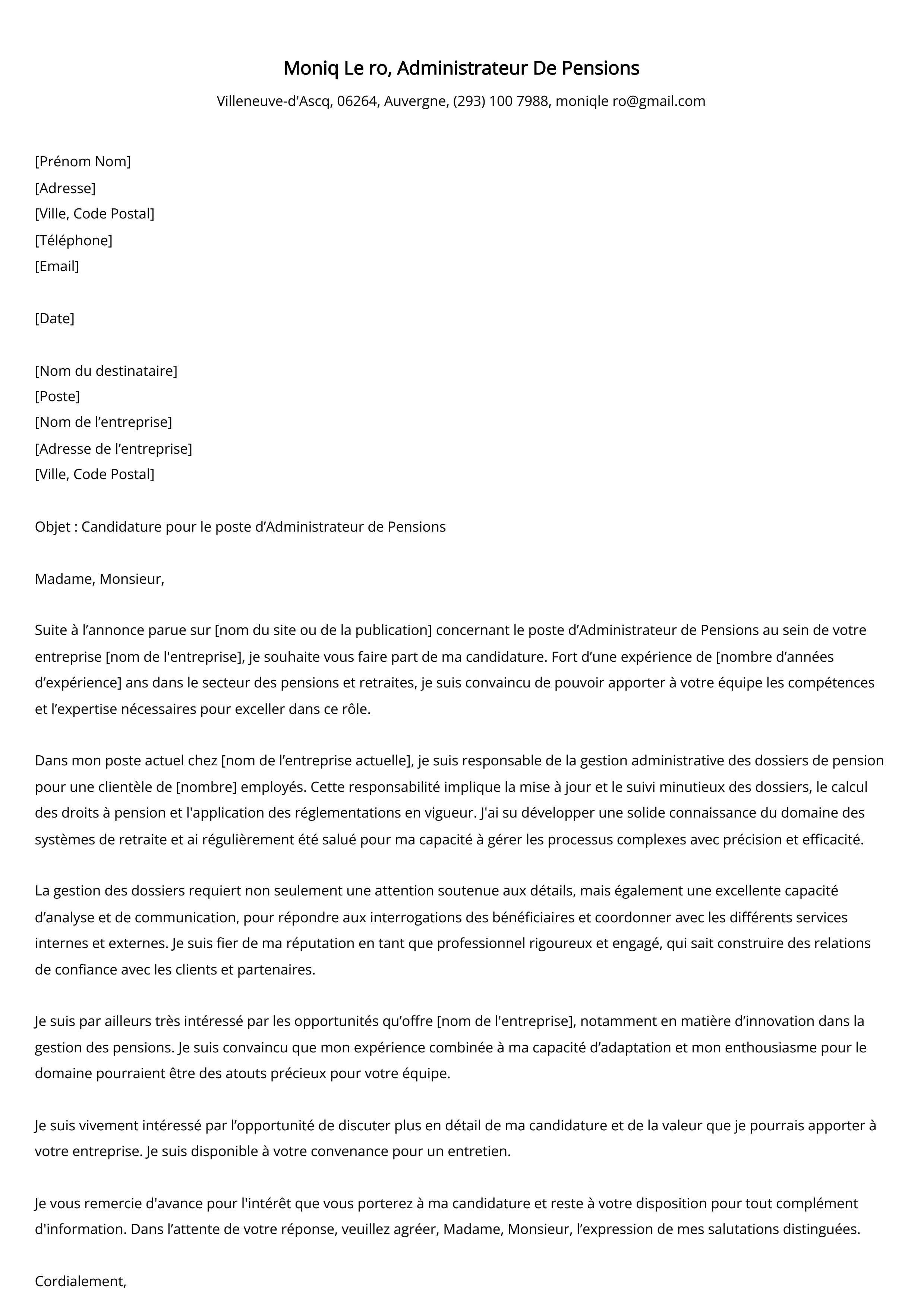 Administrateur De Pensions Cover Letter Example