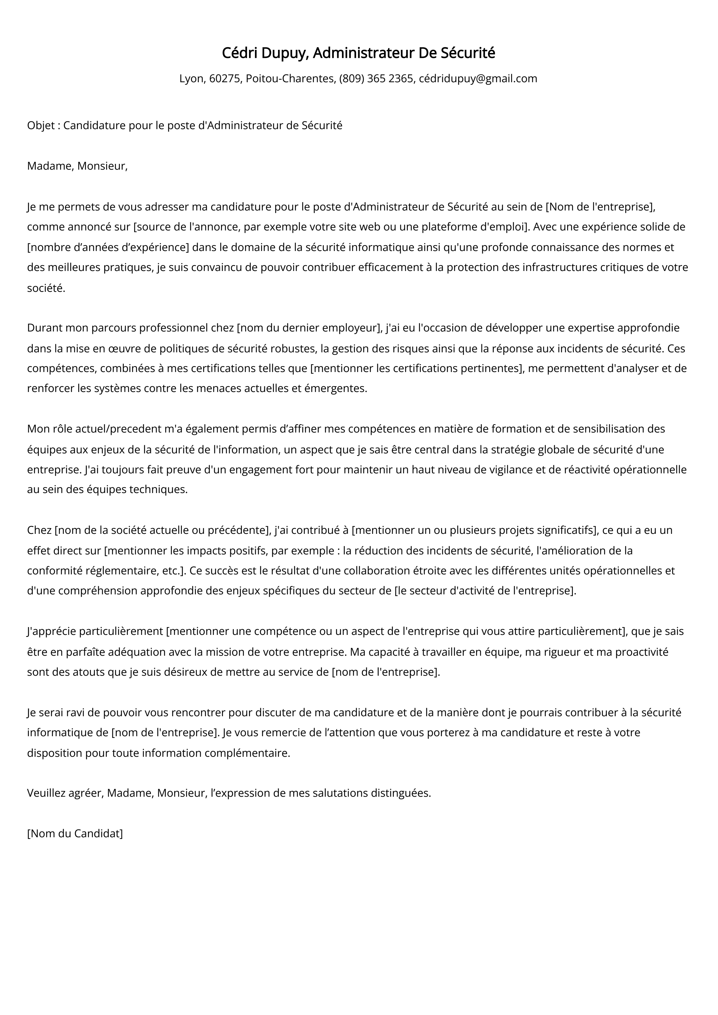 Administrateur De Sécurité Cover Letter Example