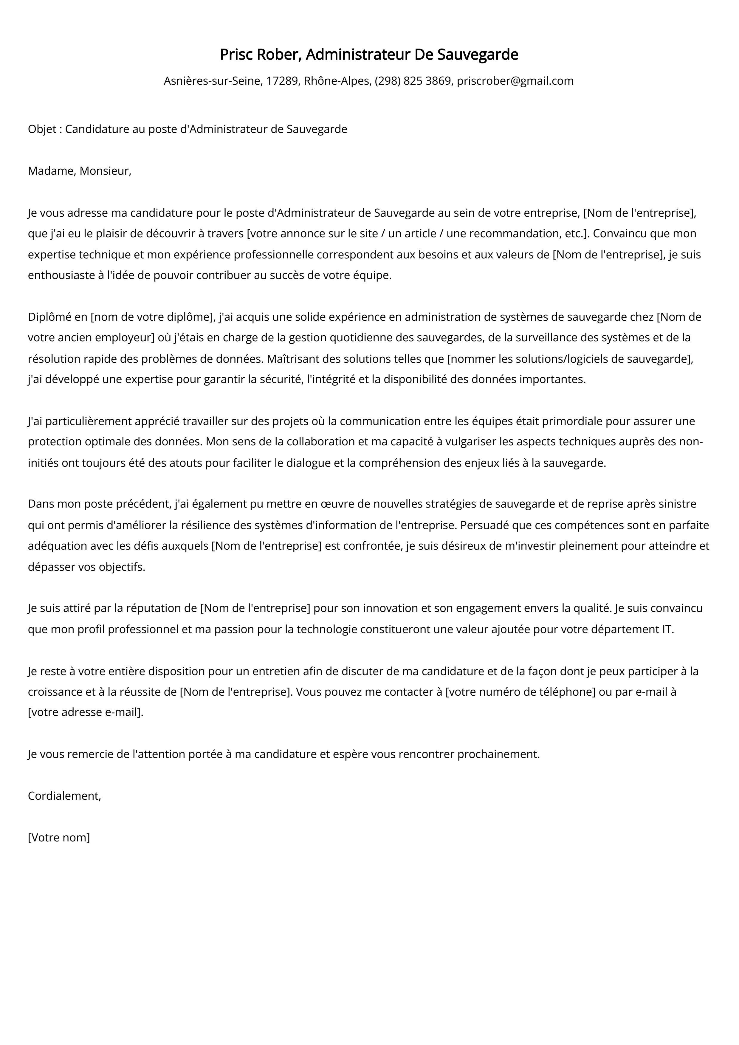 Administrateur De Sauvegarde Cover Letter Example