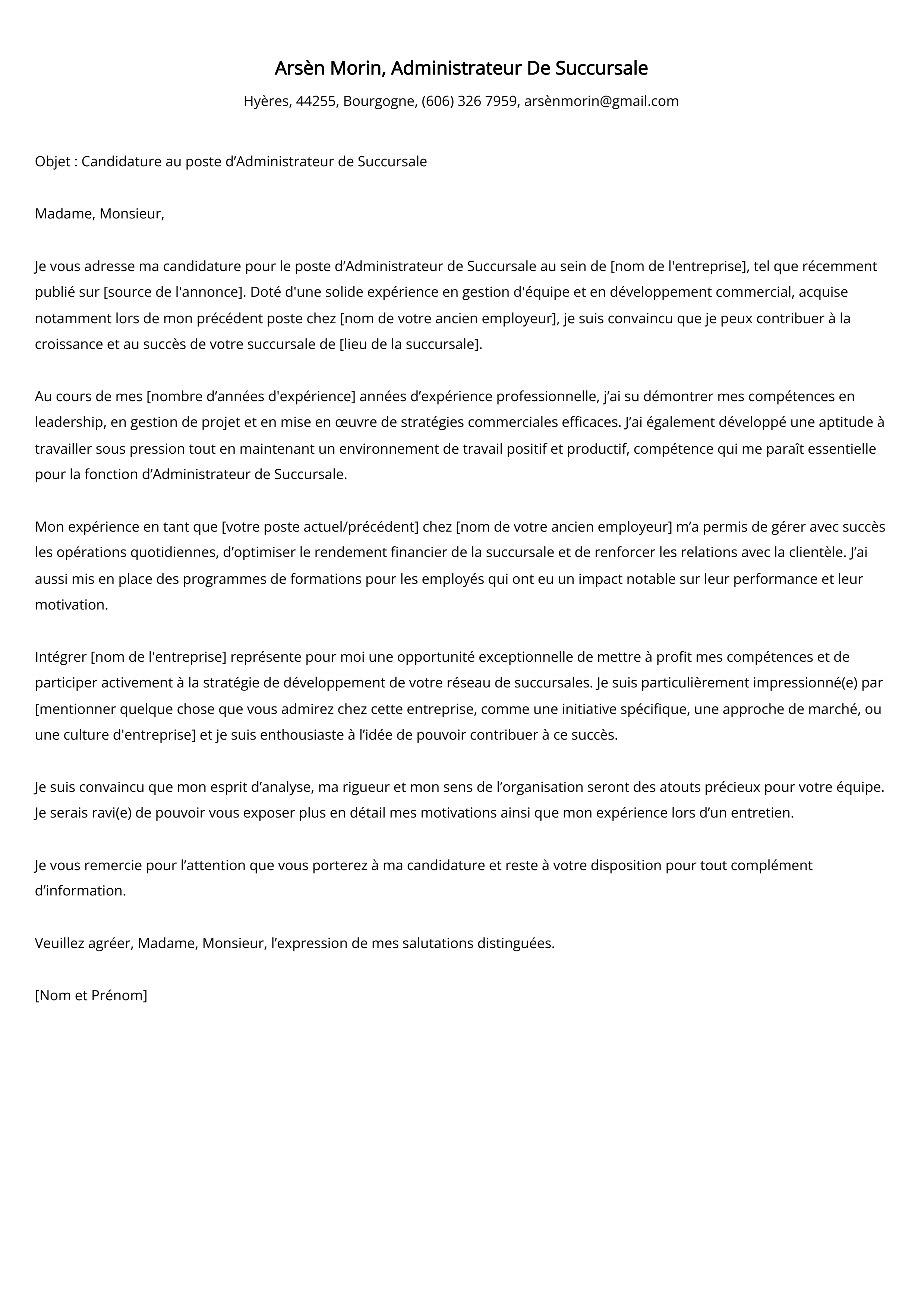 Administrateur De Succursale Cover Letter Example