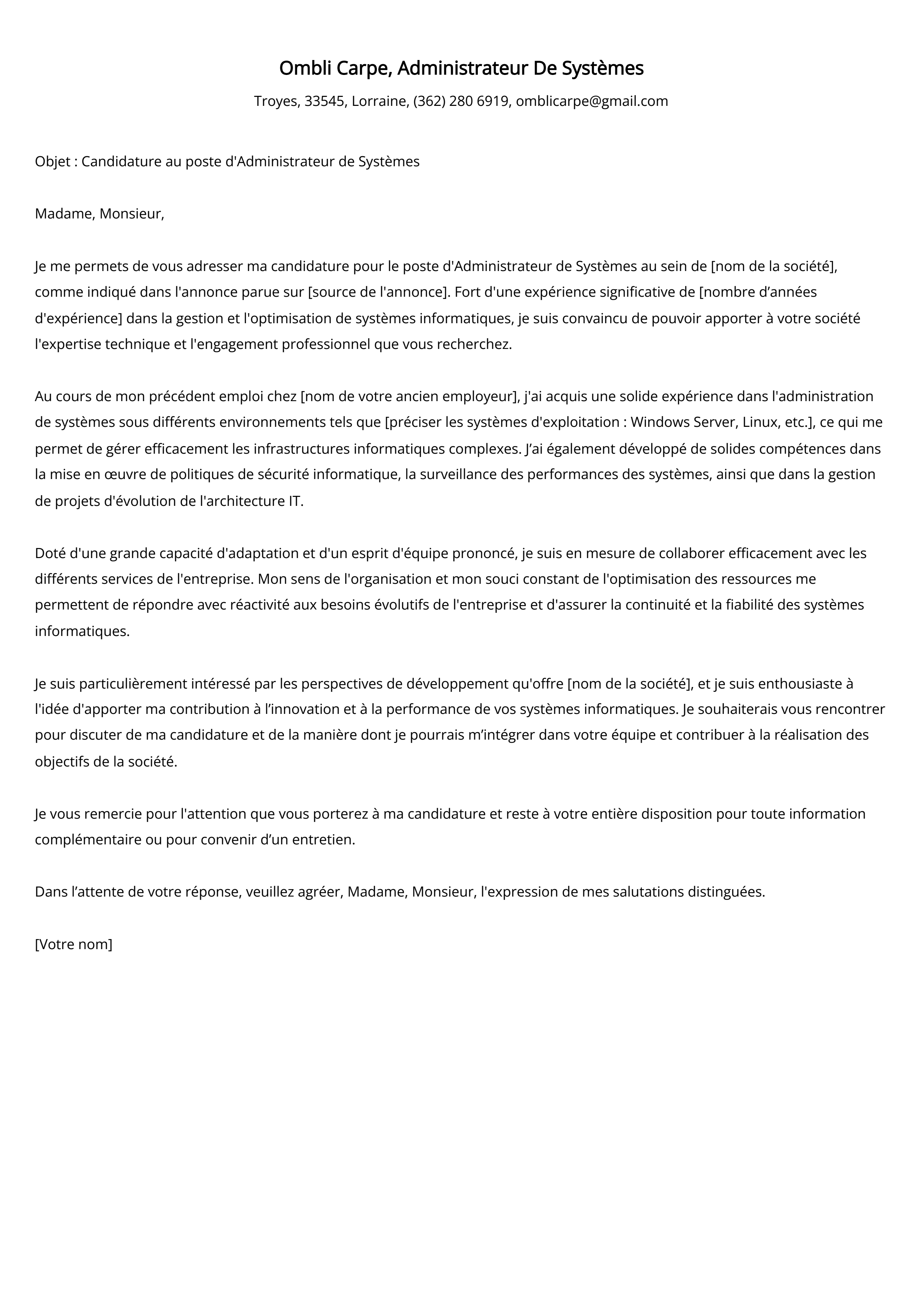 Administrateur De Systèmes Cover Letter Example