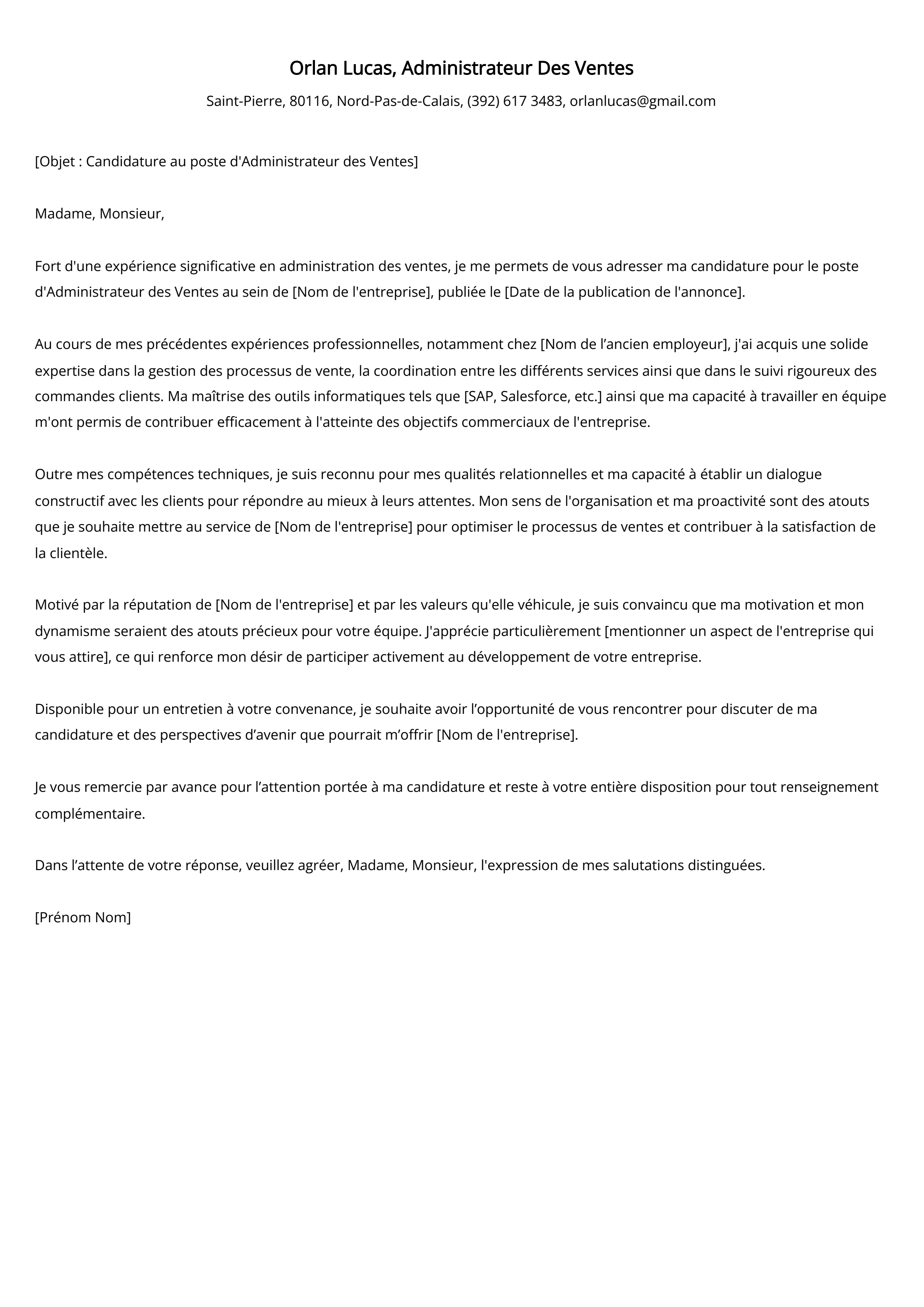 Administrateur Des Ventes Cover Letter Example