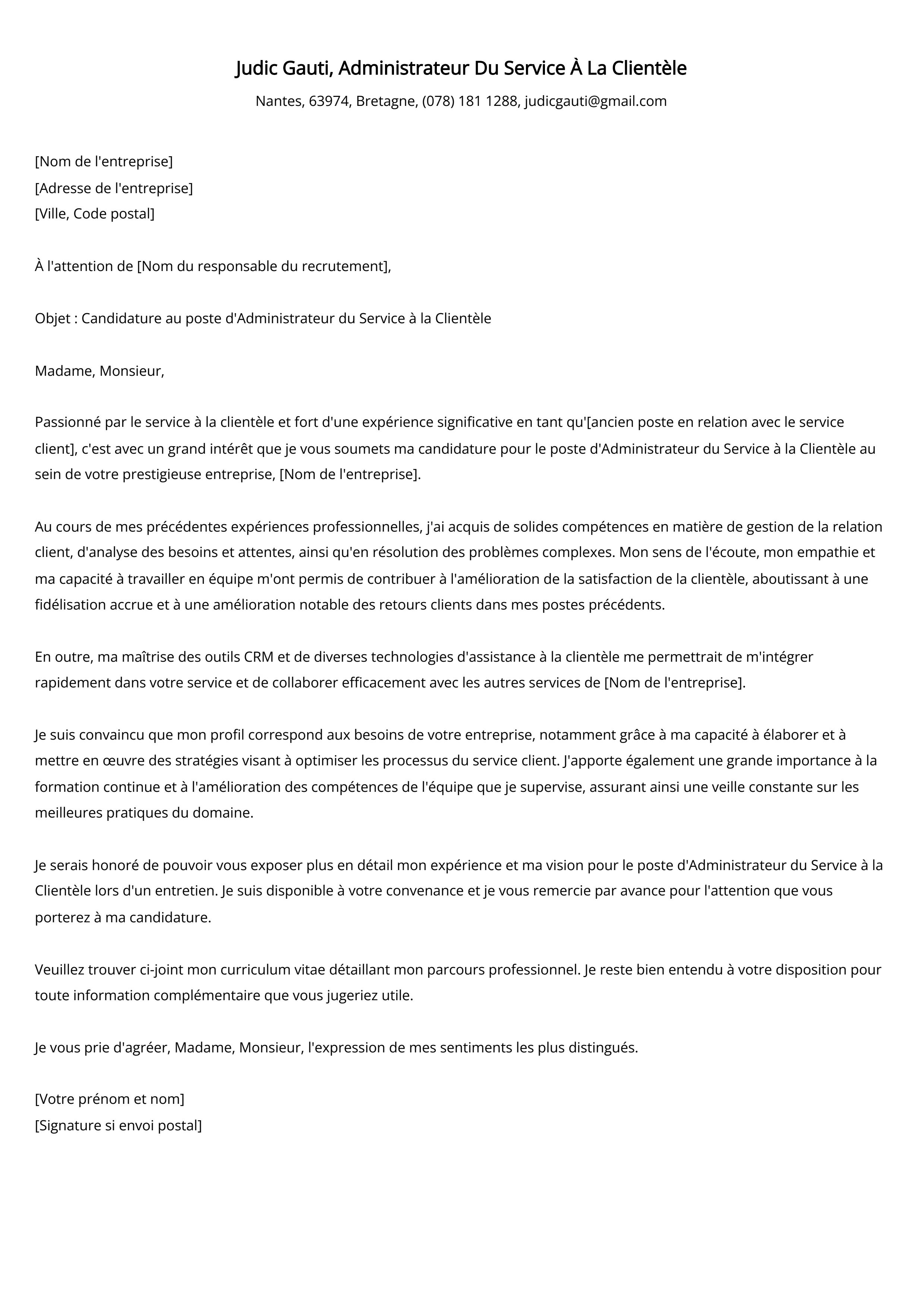 Administrateur Du Service À La Clientèle Cover Letter Example