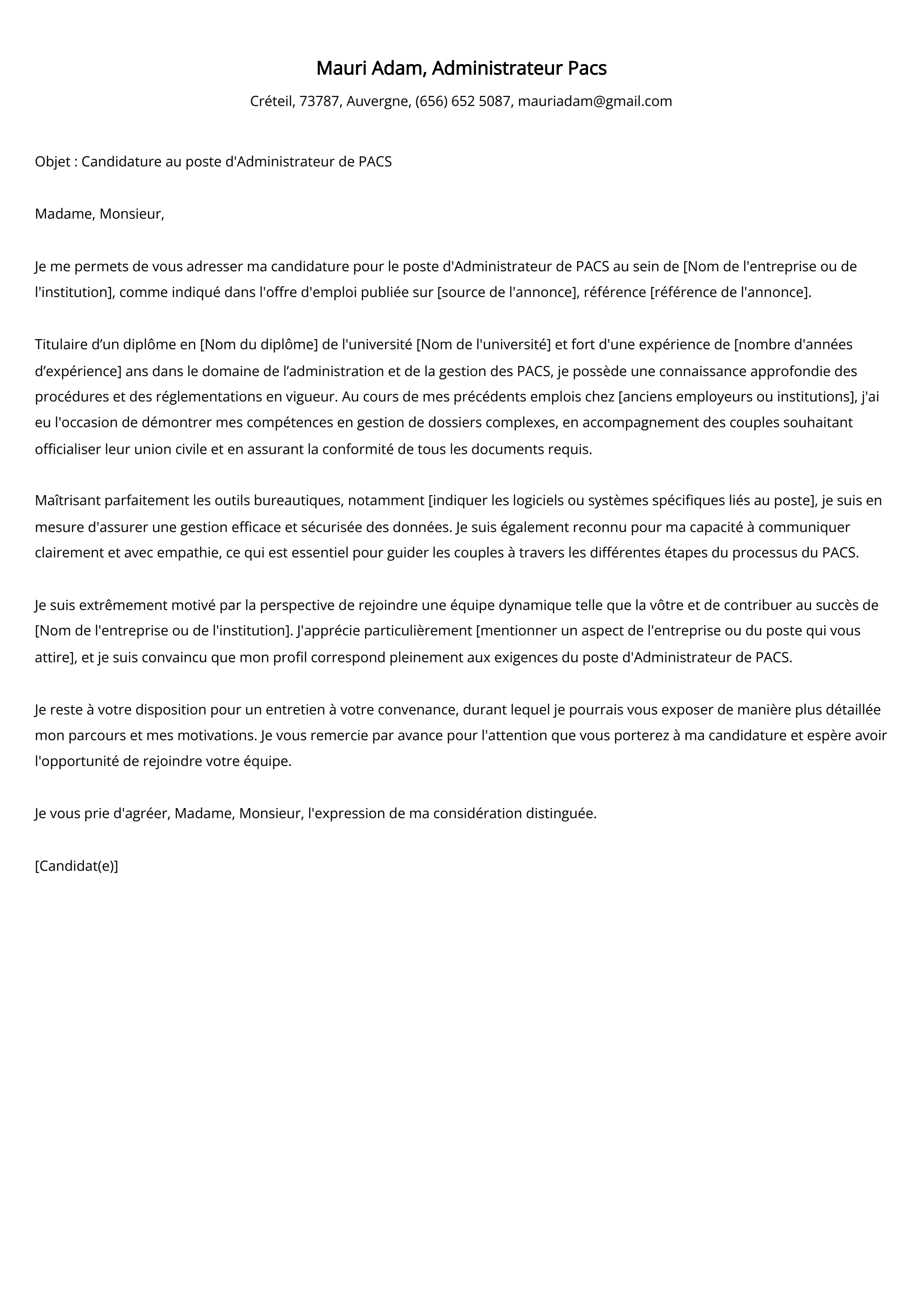 Administrateur Pacs Cover Letter Example