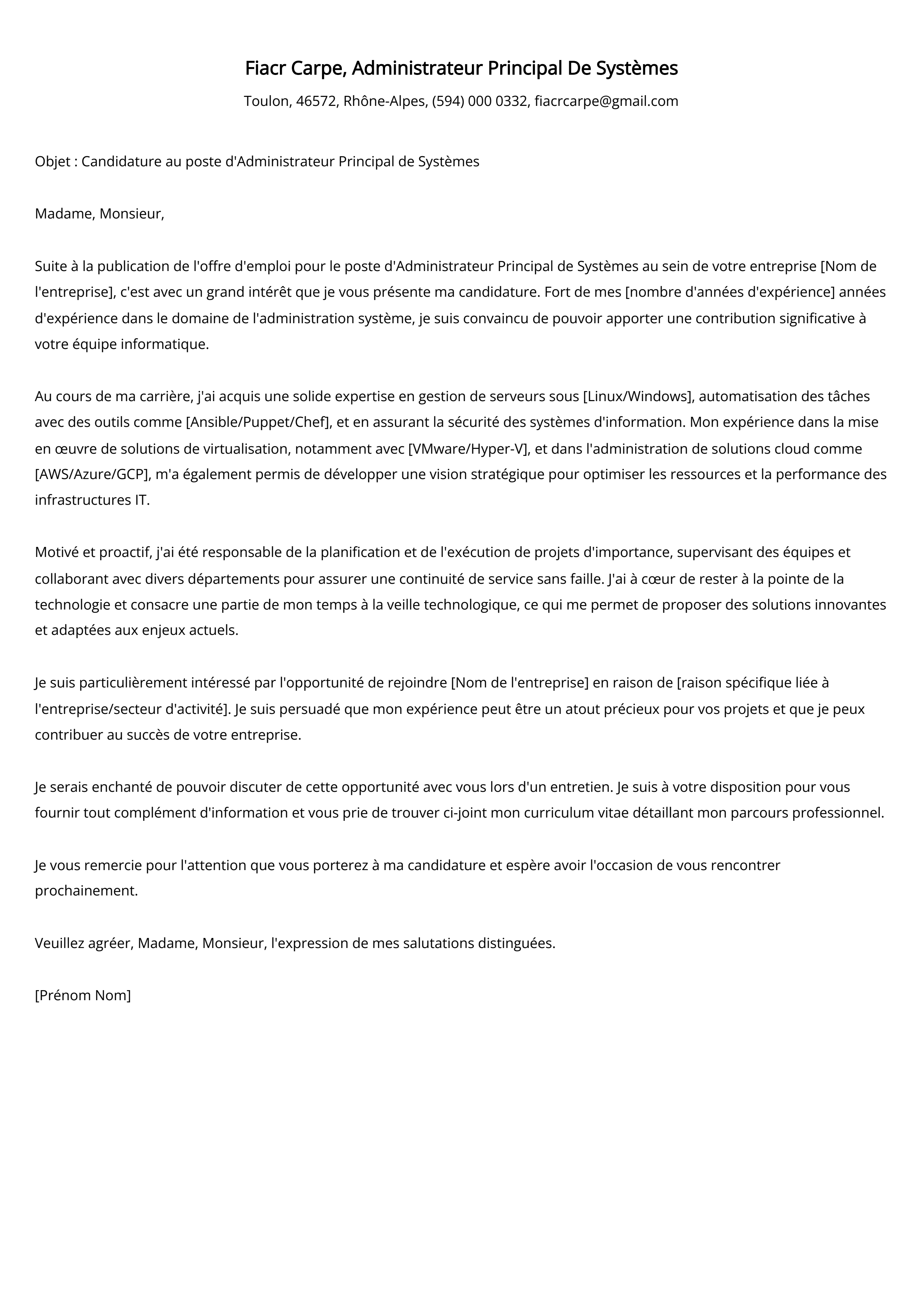 Administrateur Principal De Systèmes Cover Letter Example