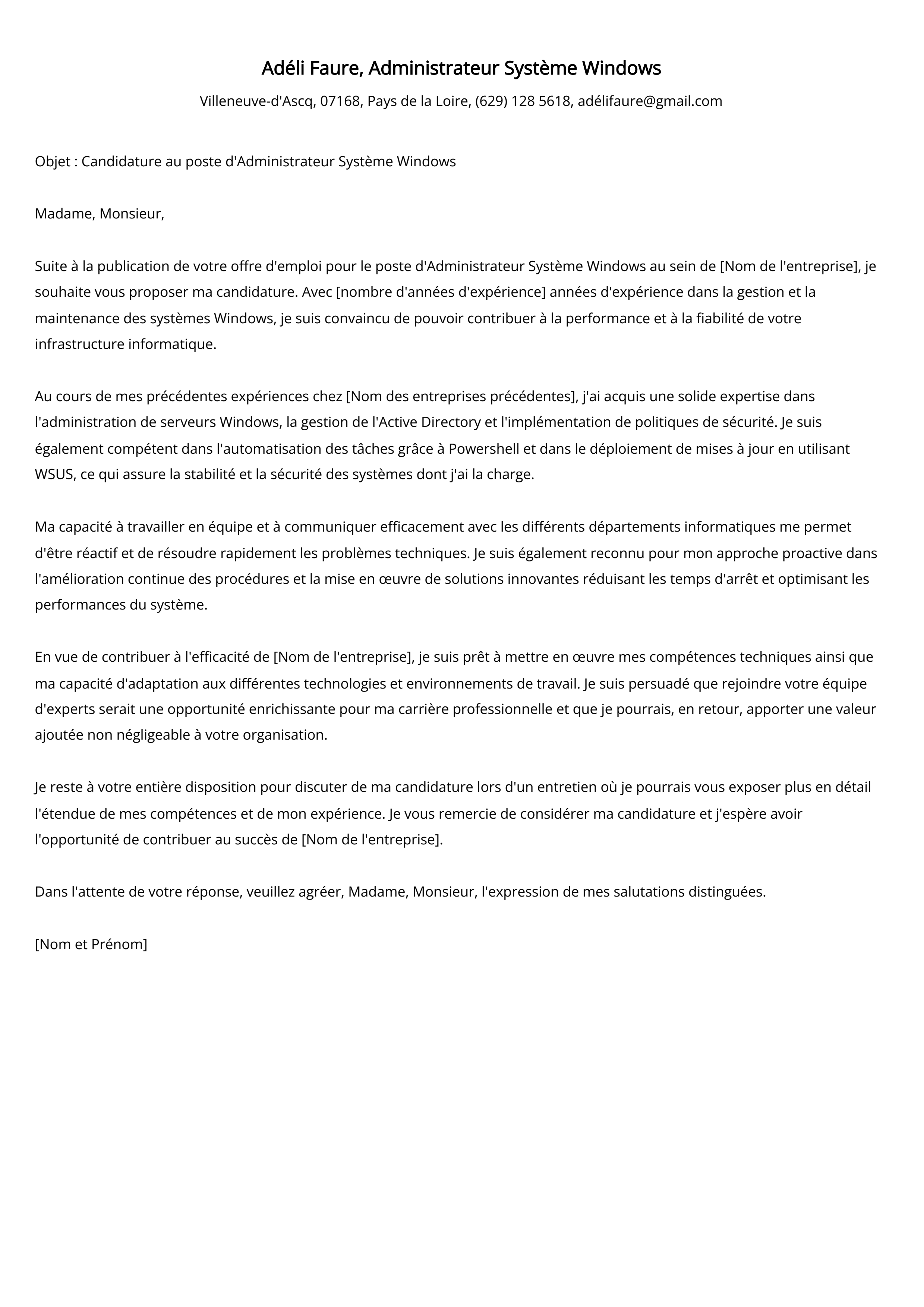 Administrateur Système Windows Cover Letter Example