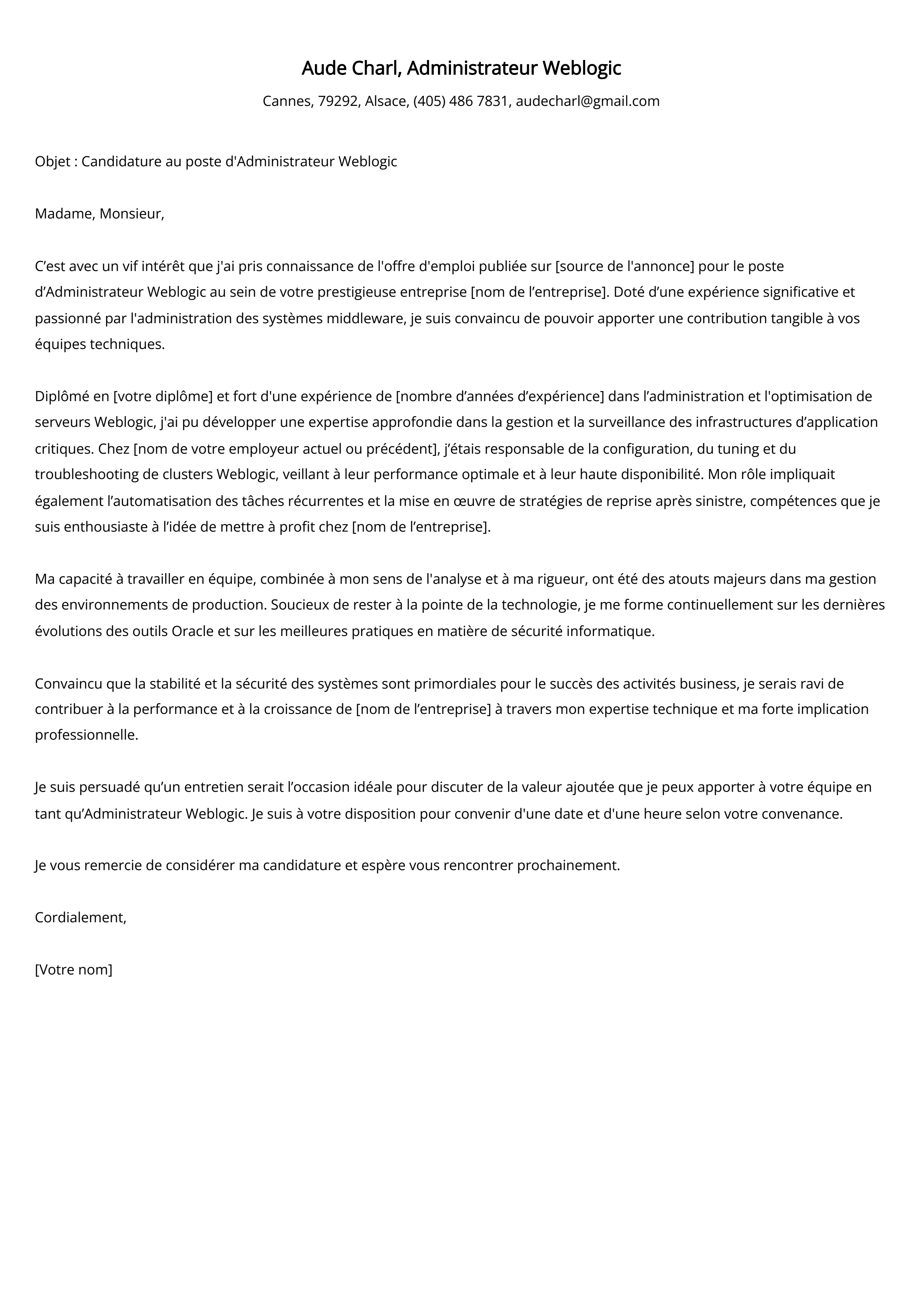 Administrateur Weblogic Cover Letter Example