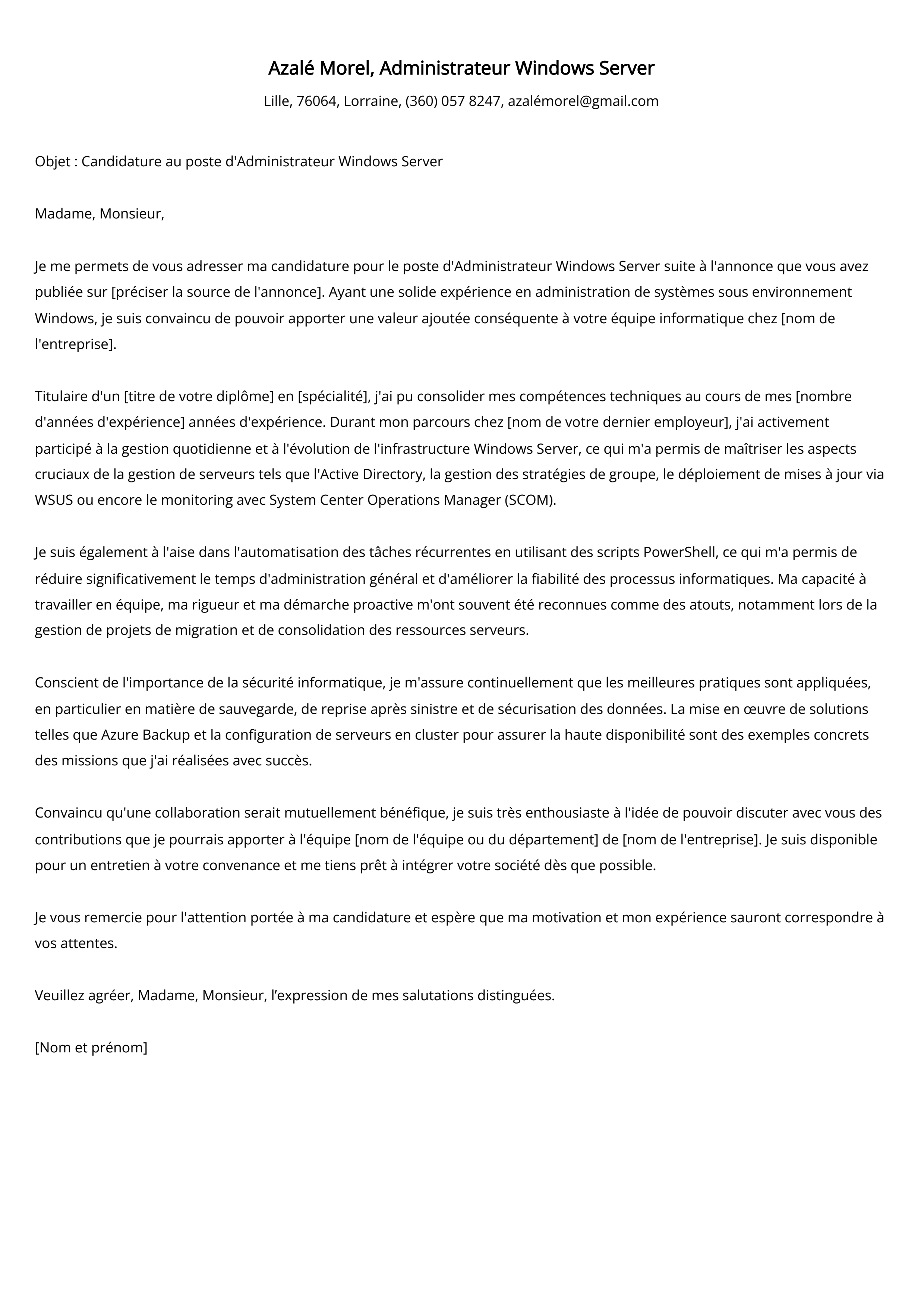 Administrateur Windows Server Cover Letter Example