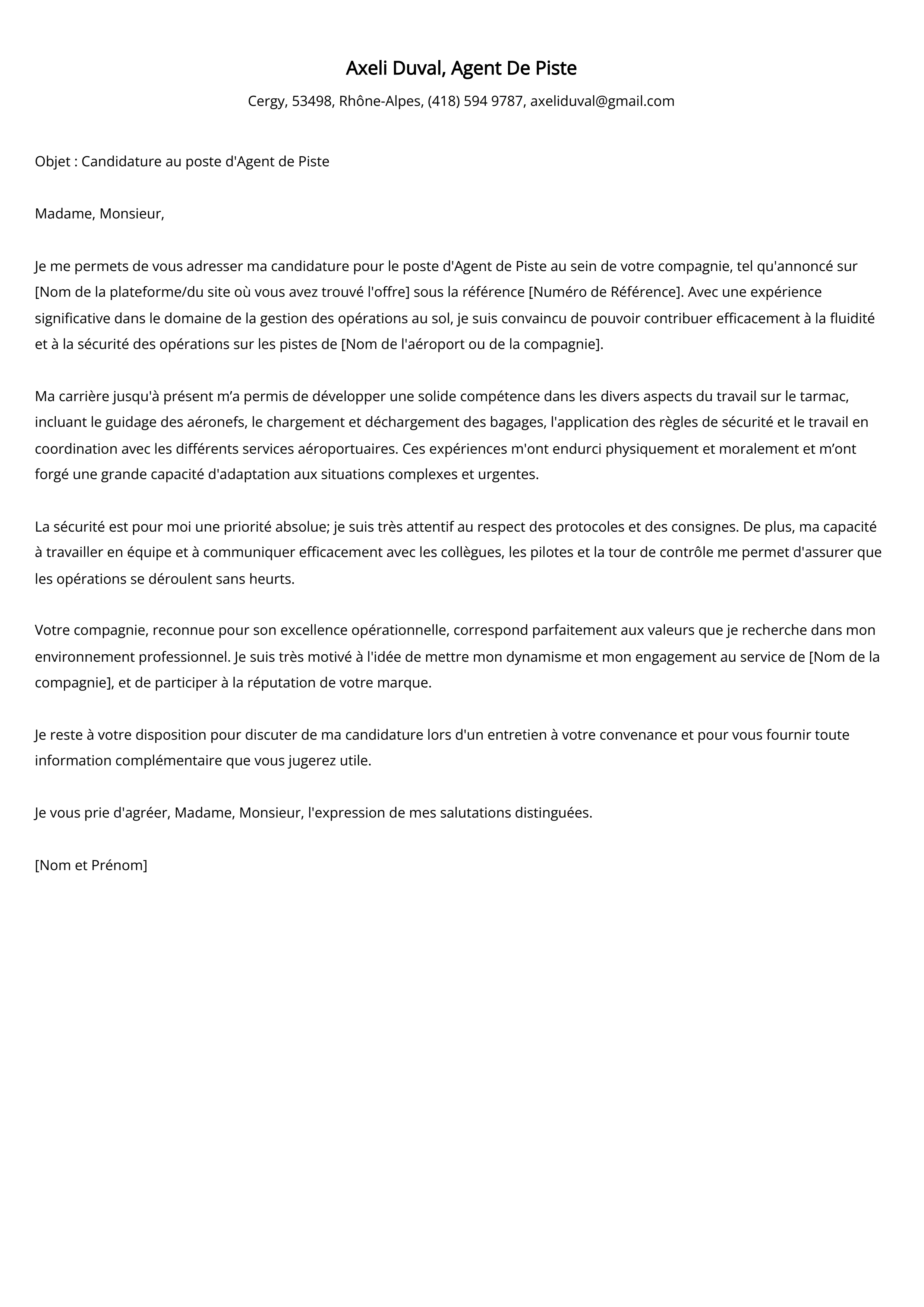 Exemple de lettre de motivation pour un agent de piste