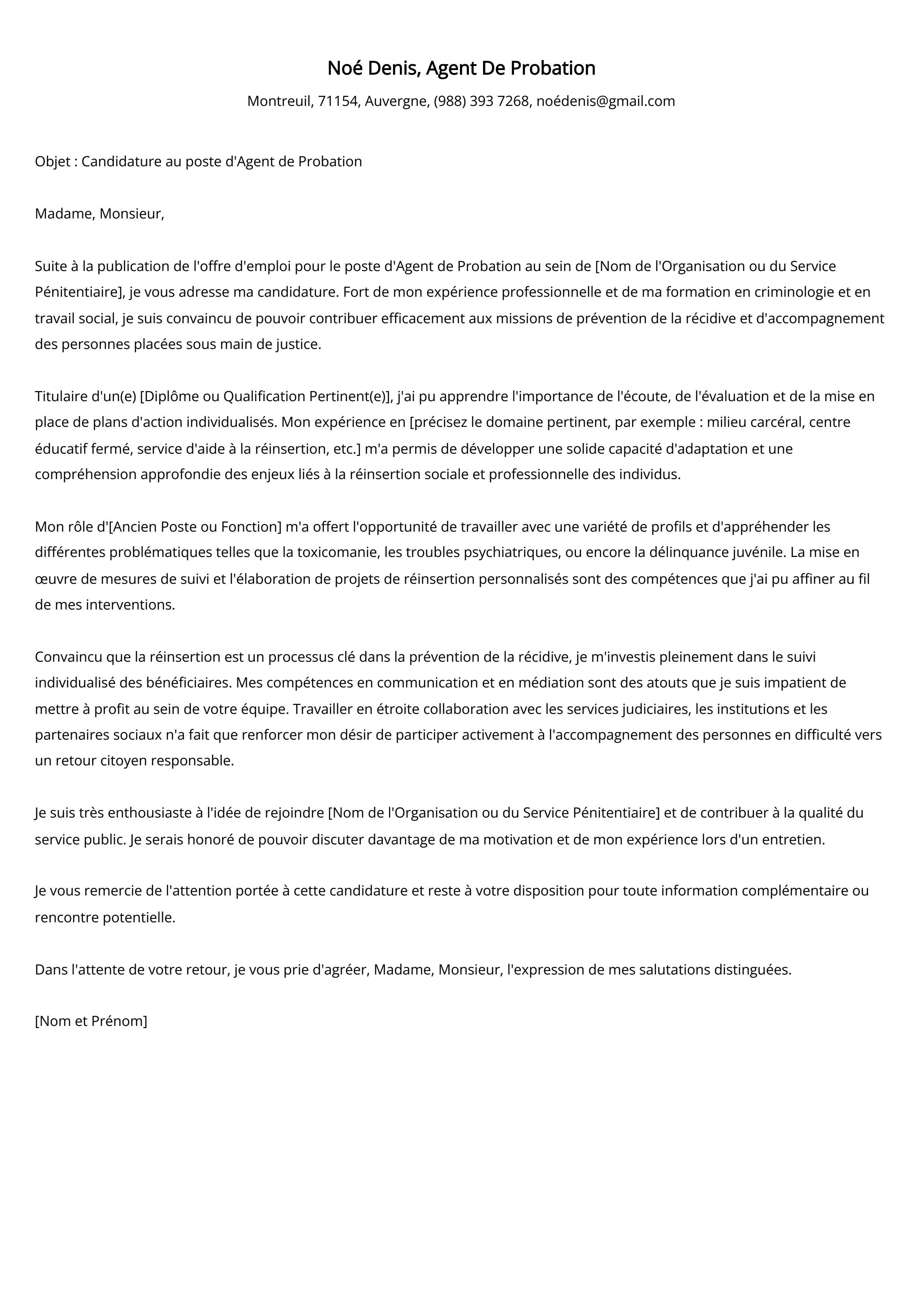 Exemple de lettre de motivation pour un agent de probation