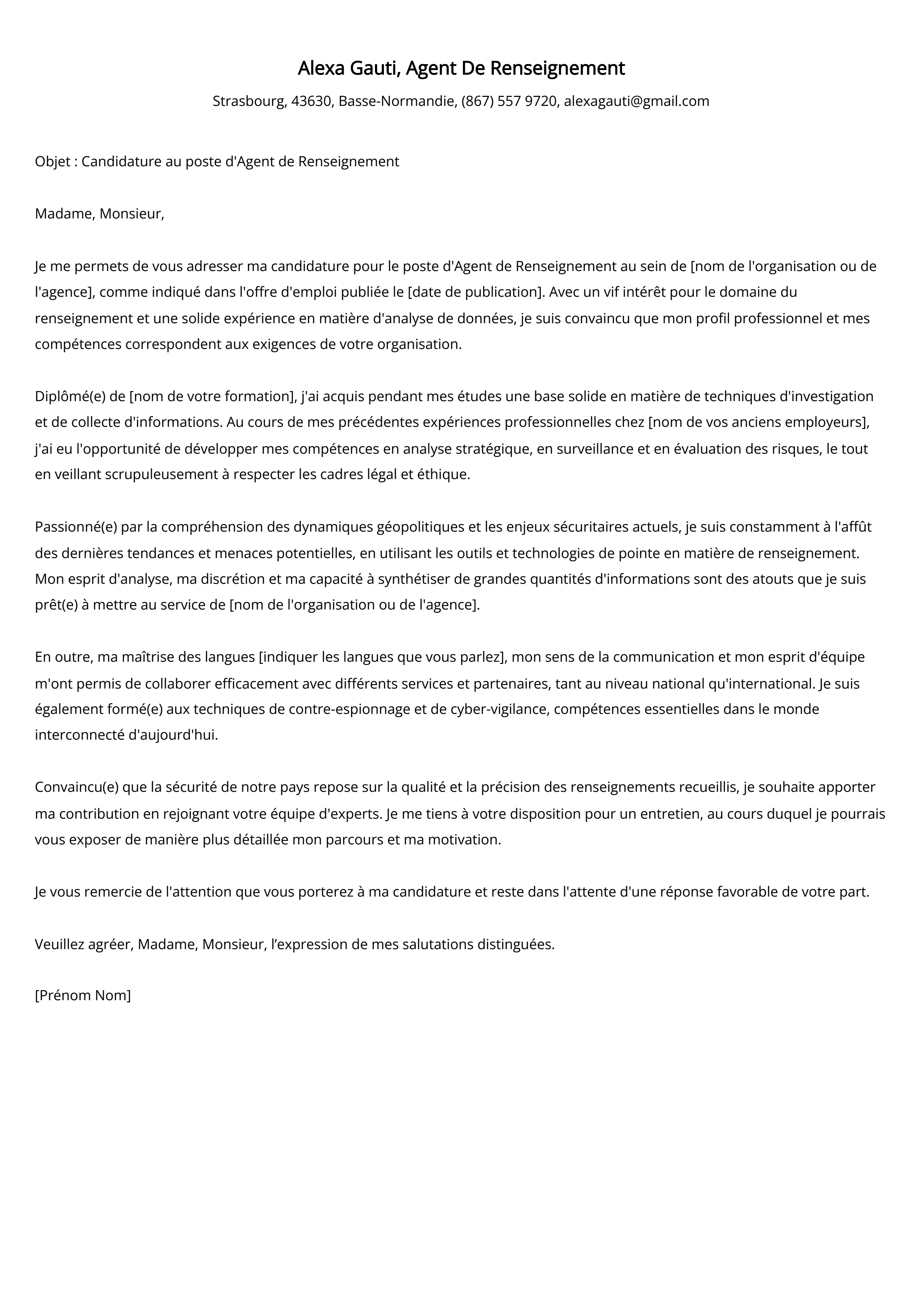 Exemple de lettre de motivation d'un agent de renseignement