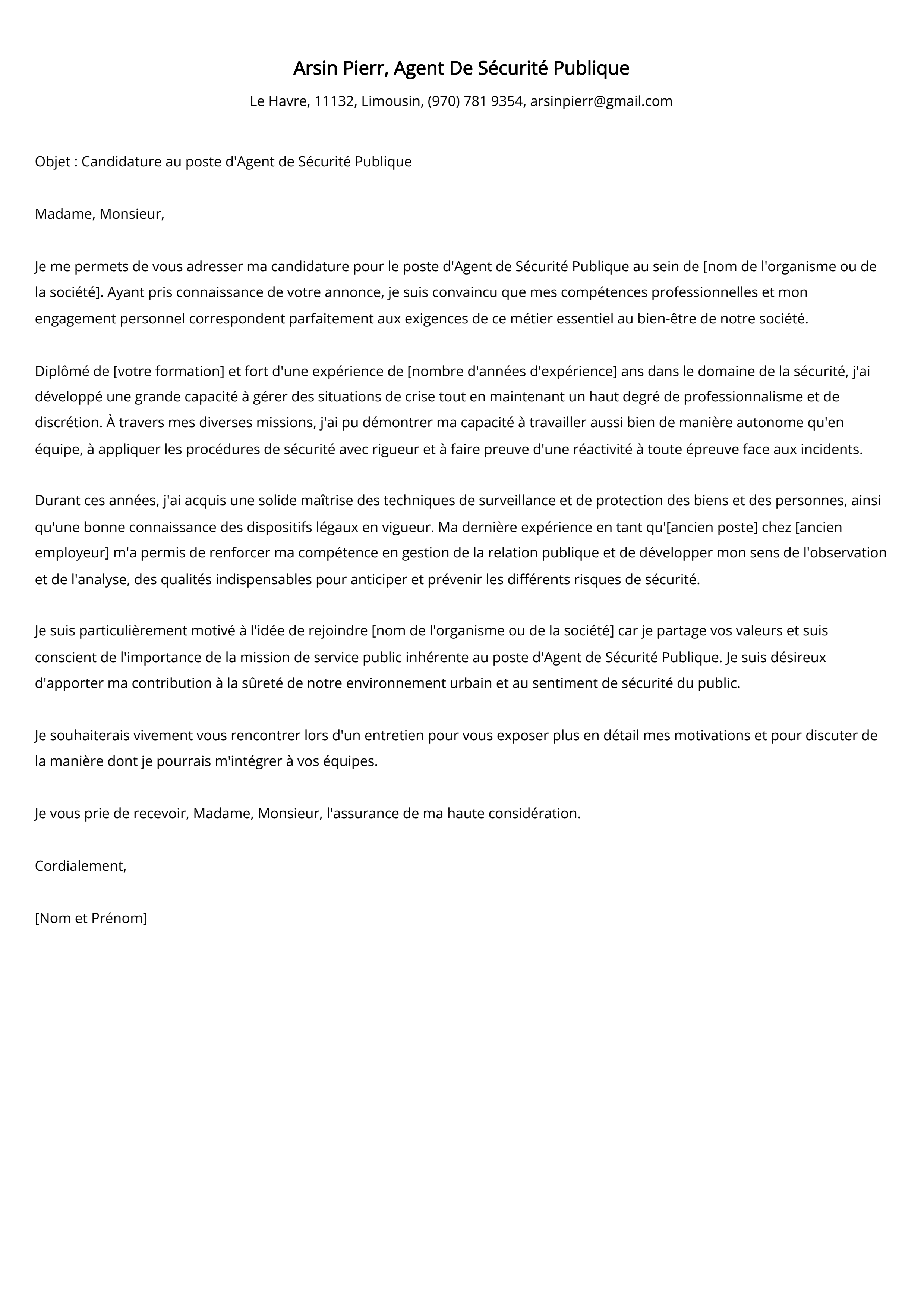 Lettre de motivation de l'agent de sécurité publique