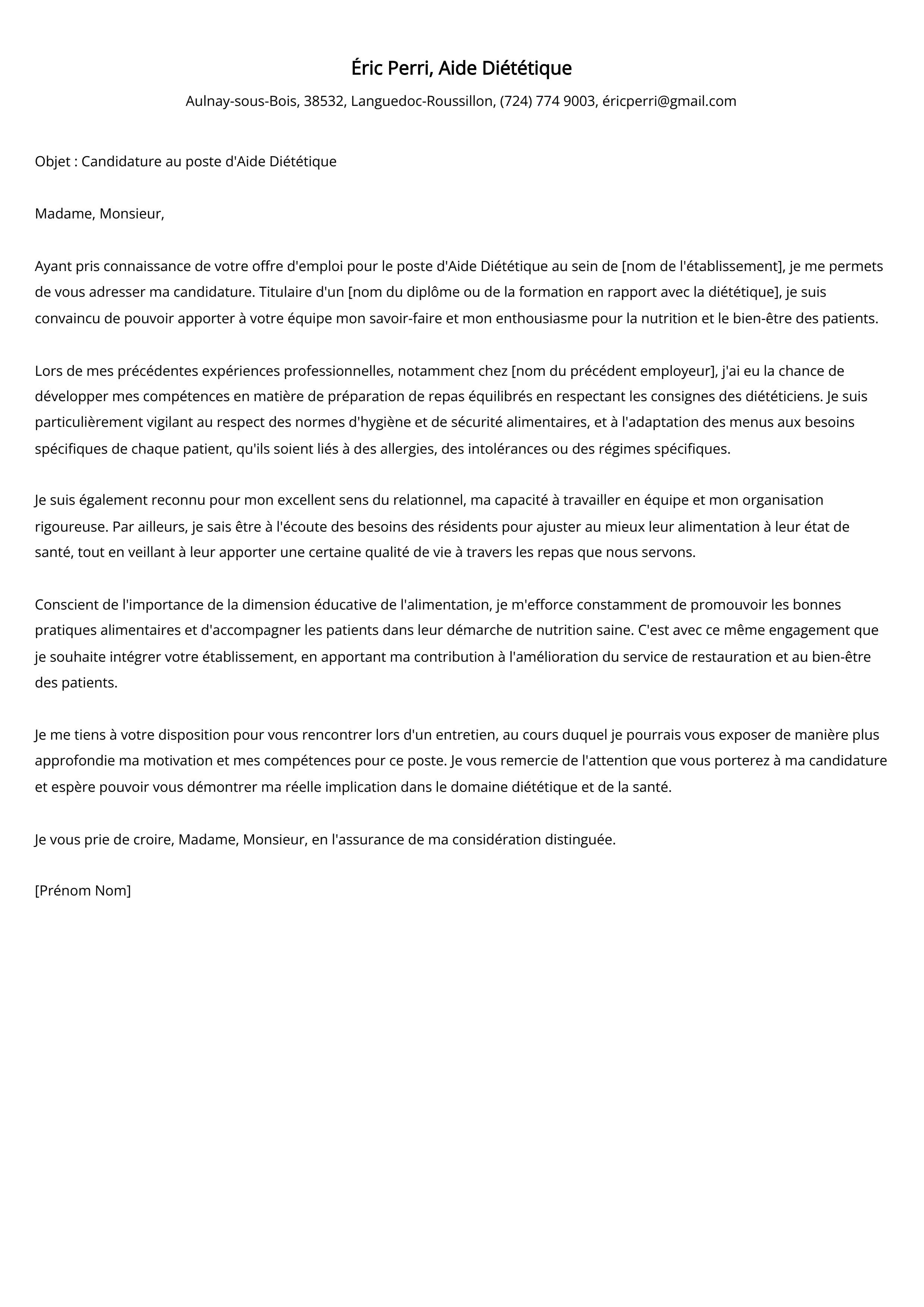 Lettre de motivation pour l'aide diététique