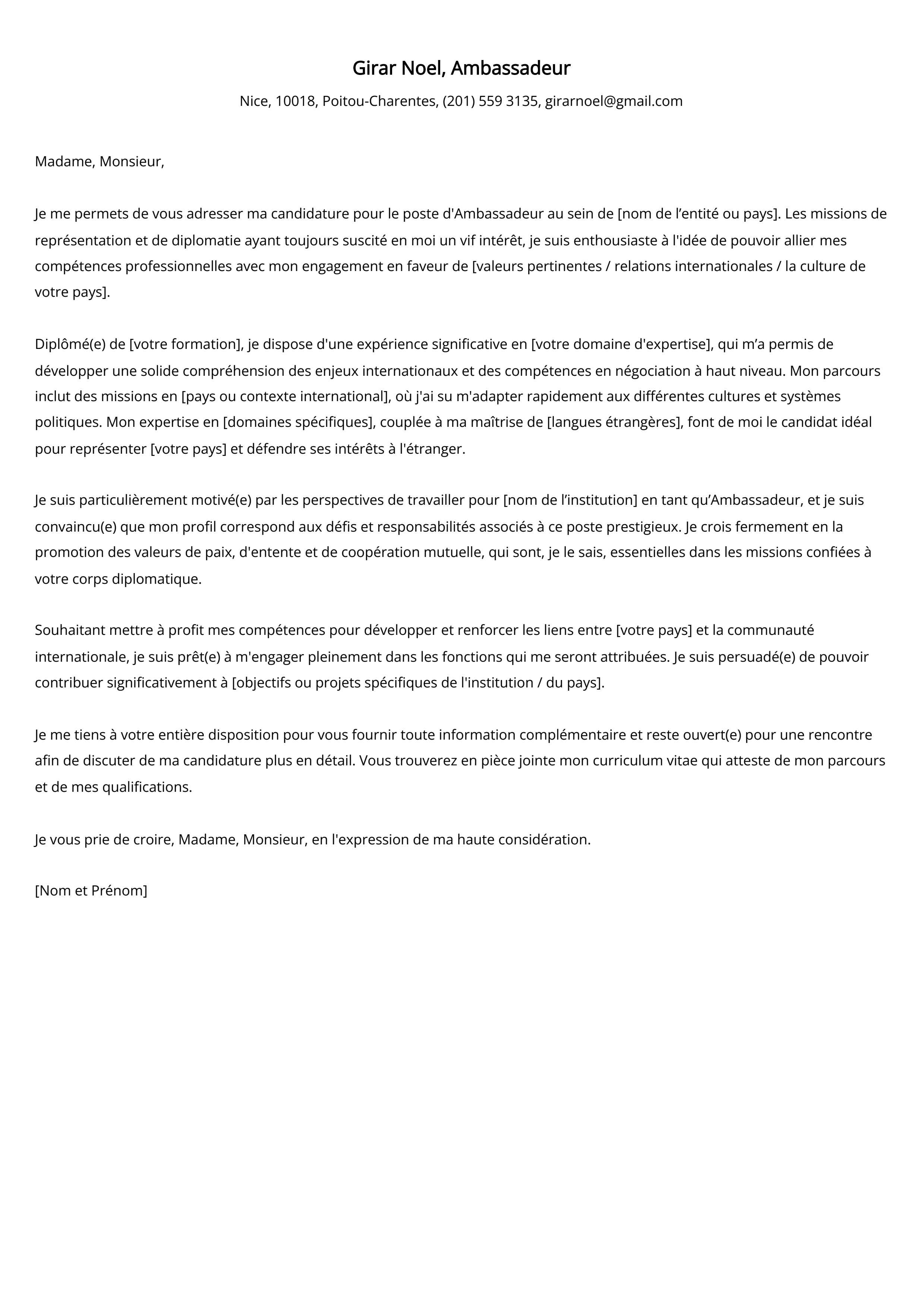 Exemple de lettre de motivation d'un ambassadeur