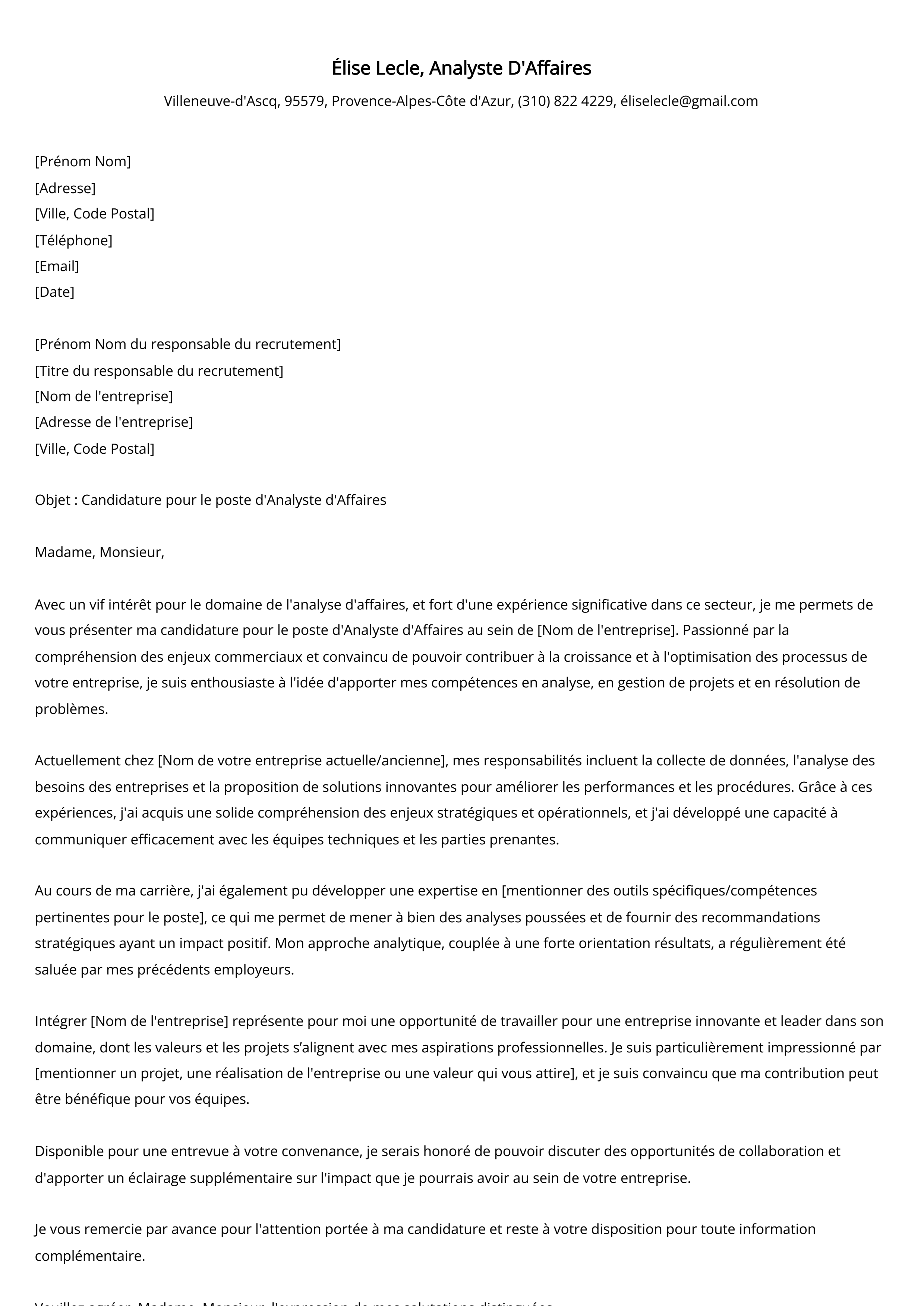 Exemple de lettre de motivation d'analyste d'affaires