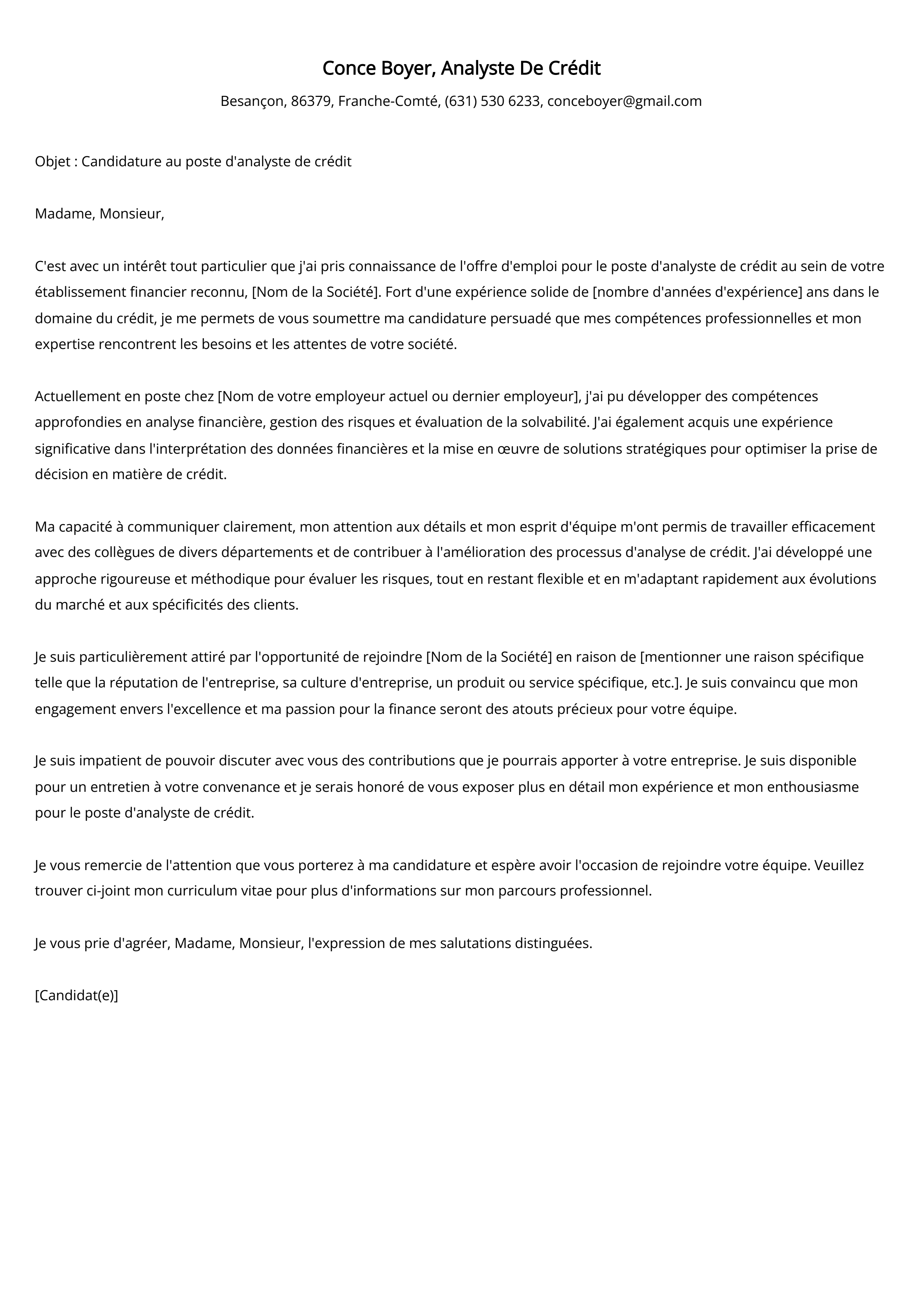 Analyste De Crédit Cover Letter Example