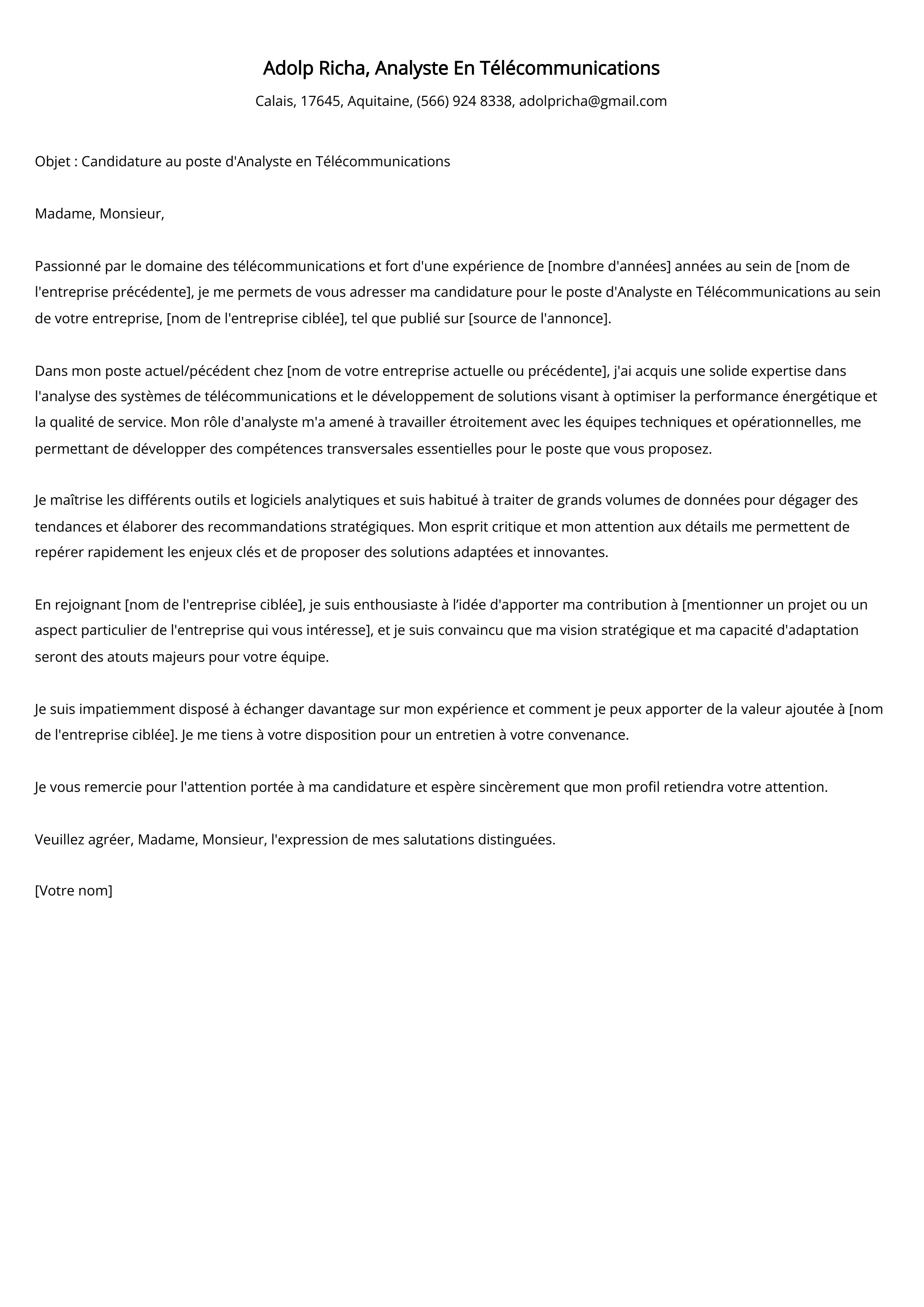 Analyste En Télécommunications Cover Letter Example