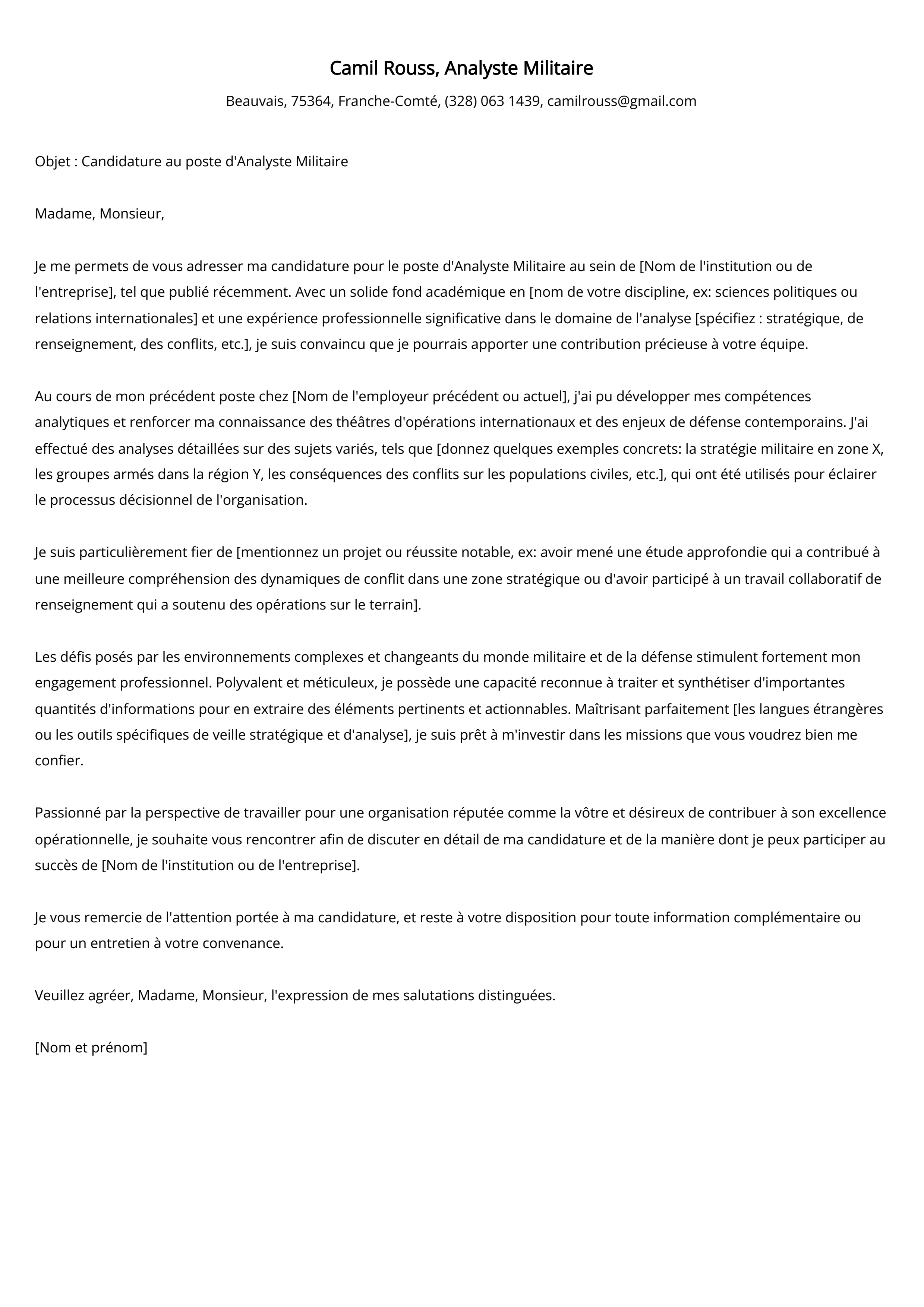 Exemple de lettre de motivation pour un analyste militaire