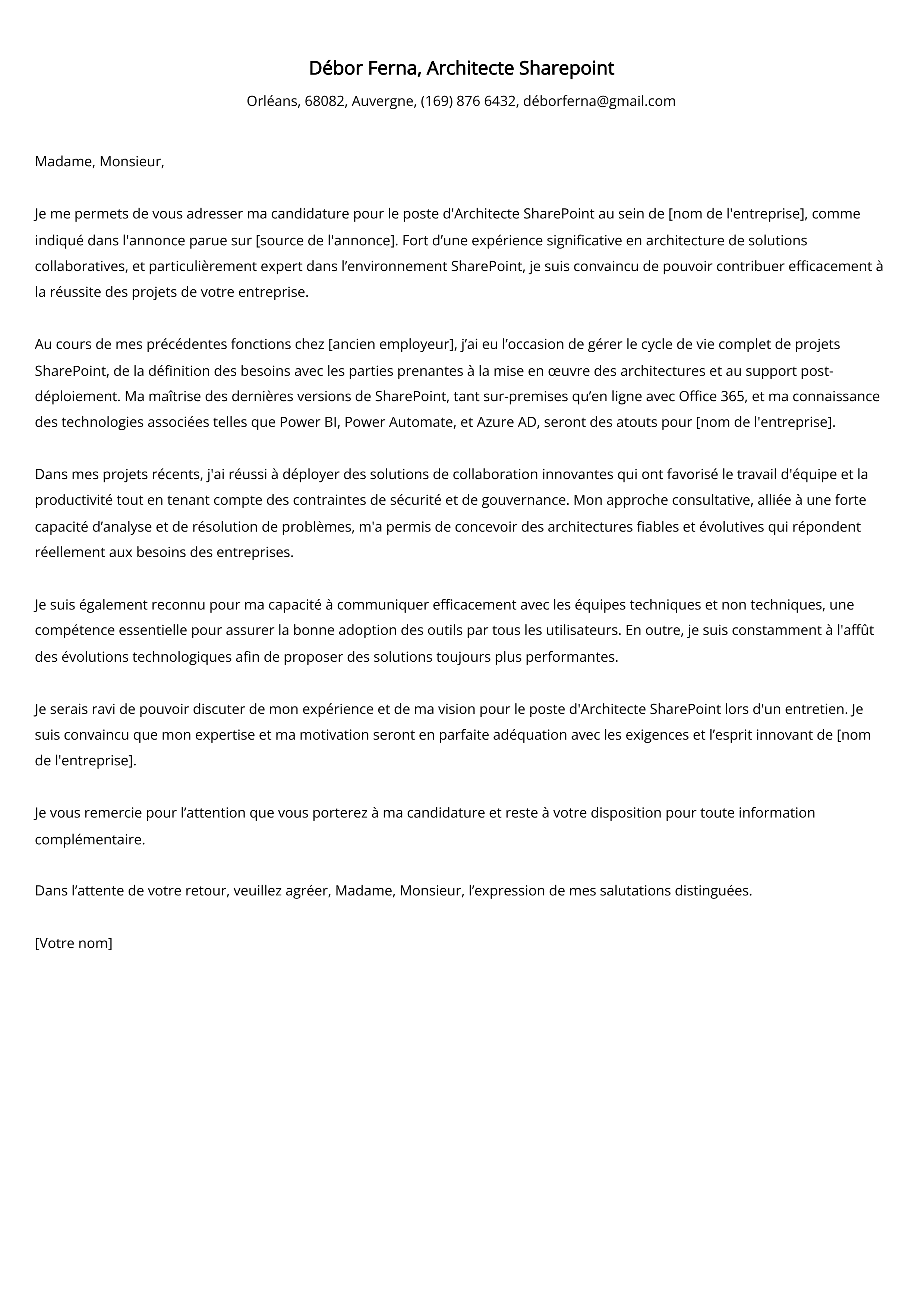 Exemple de lettre de motivation pour Architecte Sharepoint