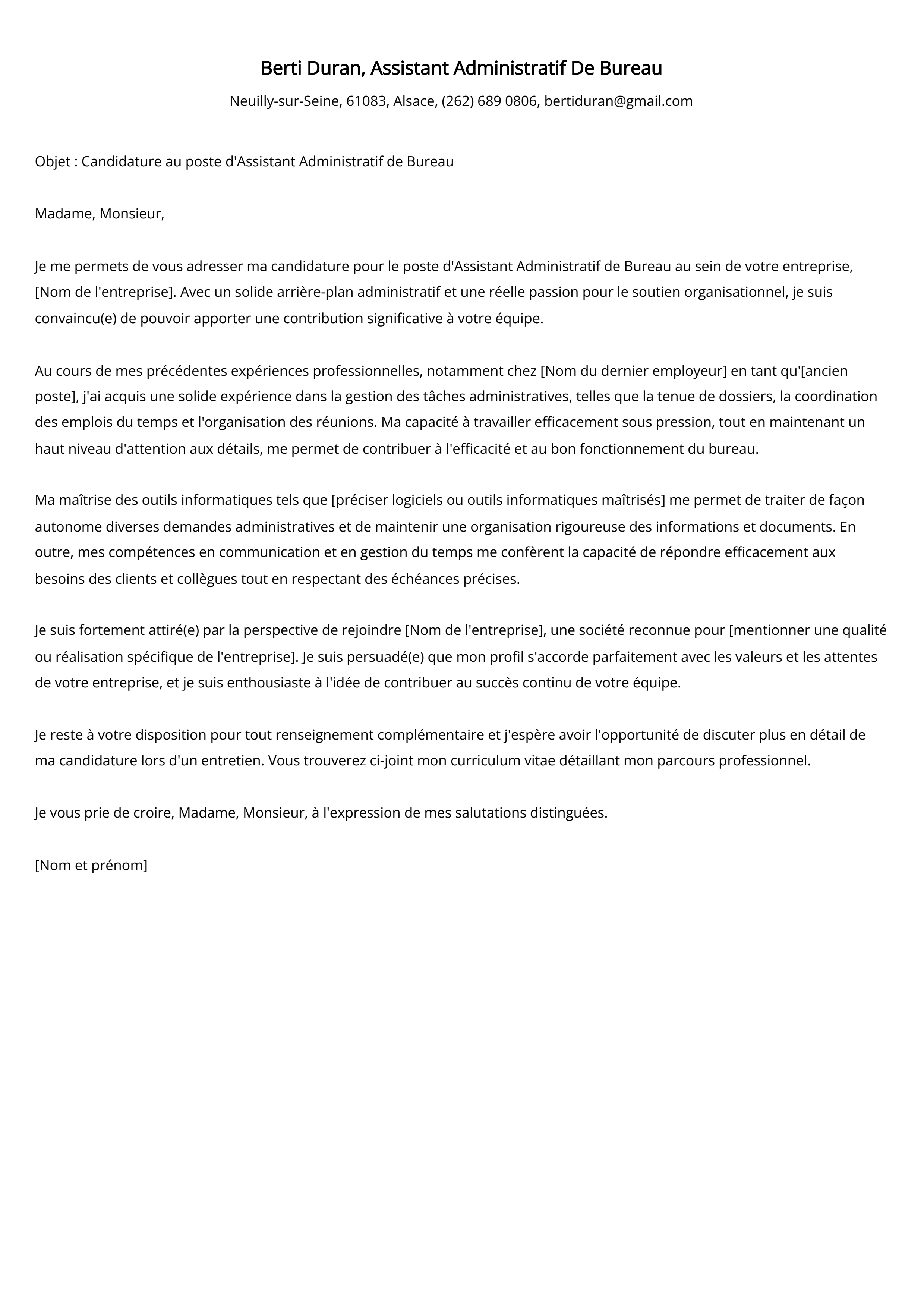 Assistant Administratif De Bureau Cover Letter Example