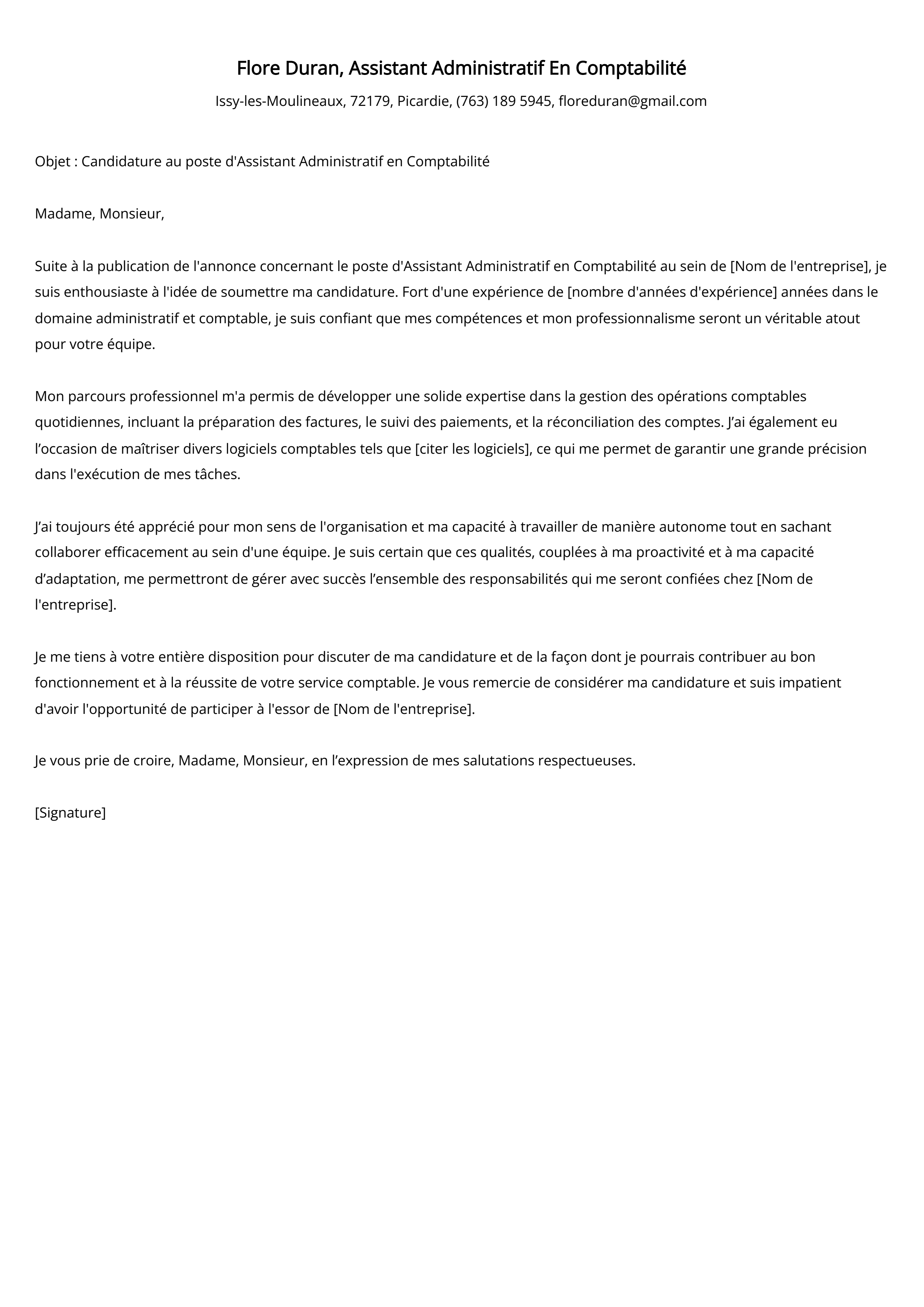 Assistant Administratif En Comptabilité Cover Letter Example