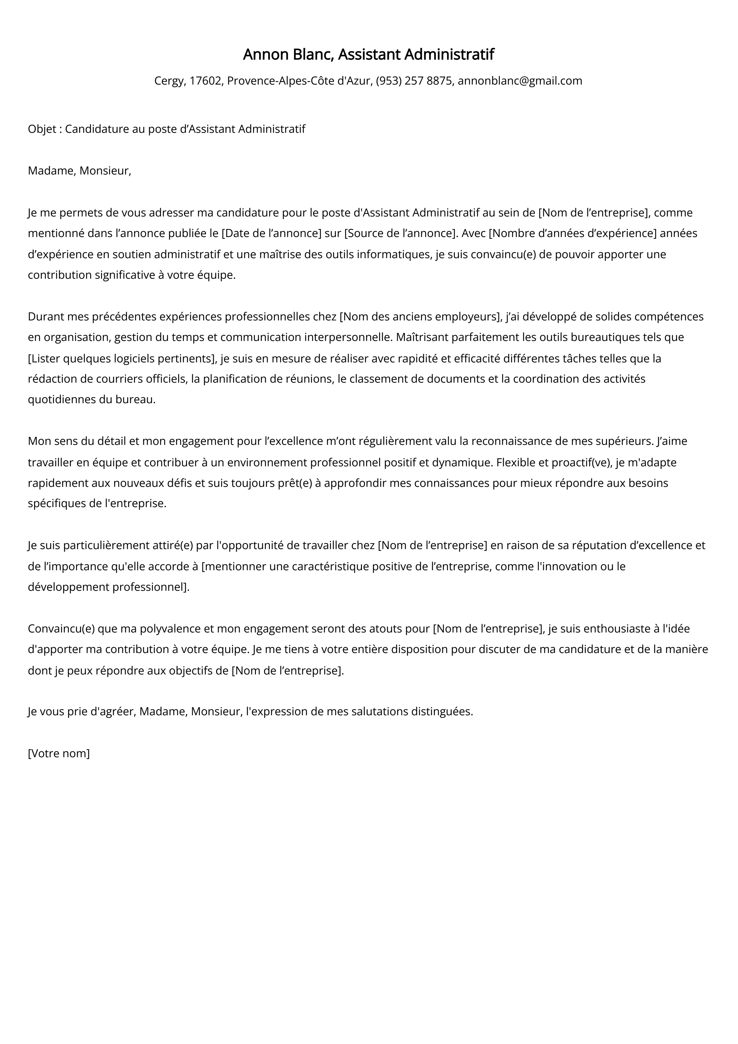 Exemple de lettre de motivation pour un assistant administratif