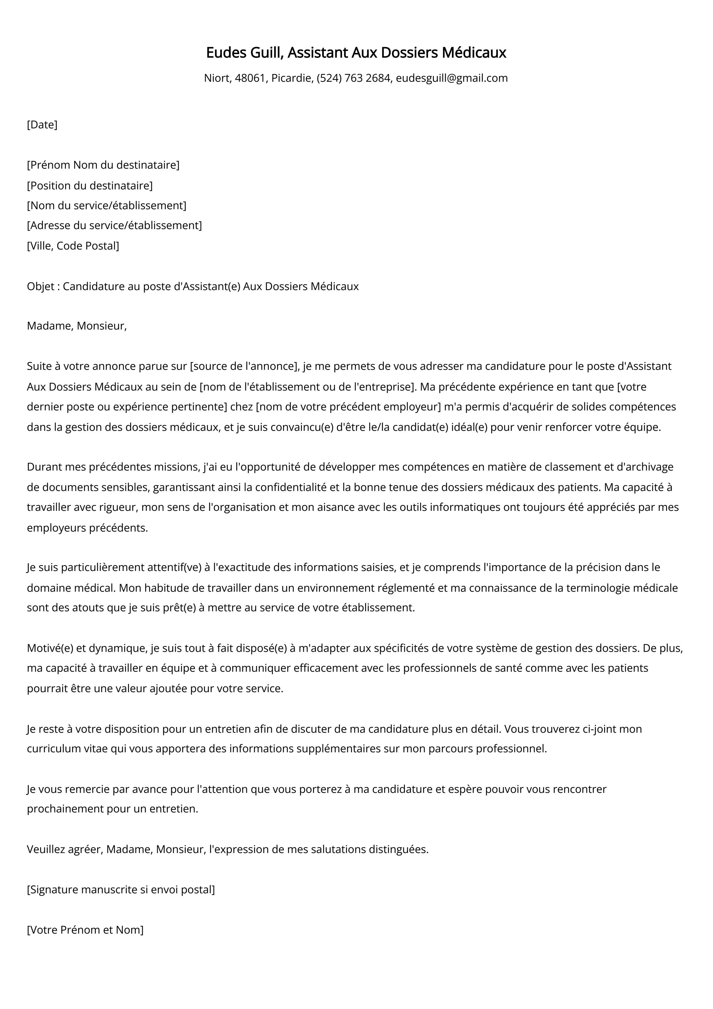 Lettre de motivation de l'assistante aux dossiers médicaux