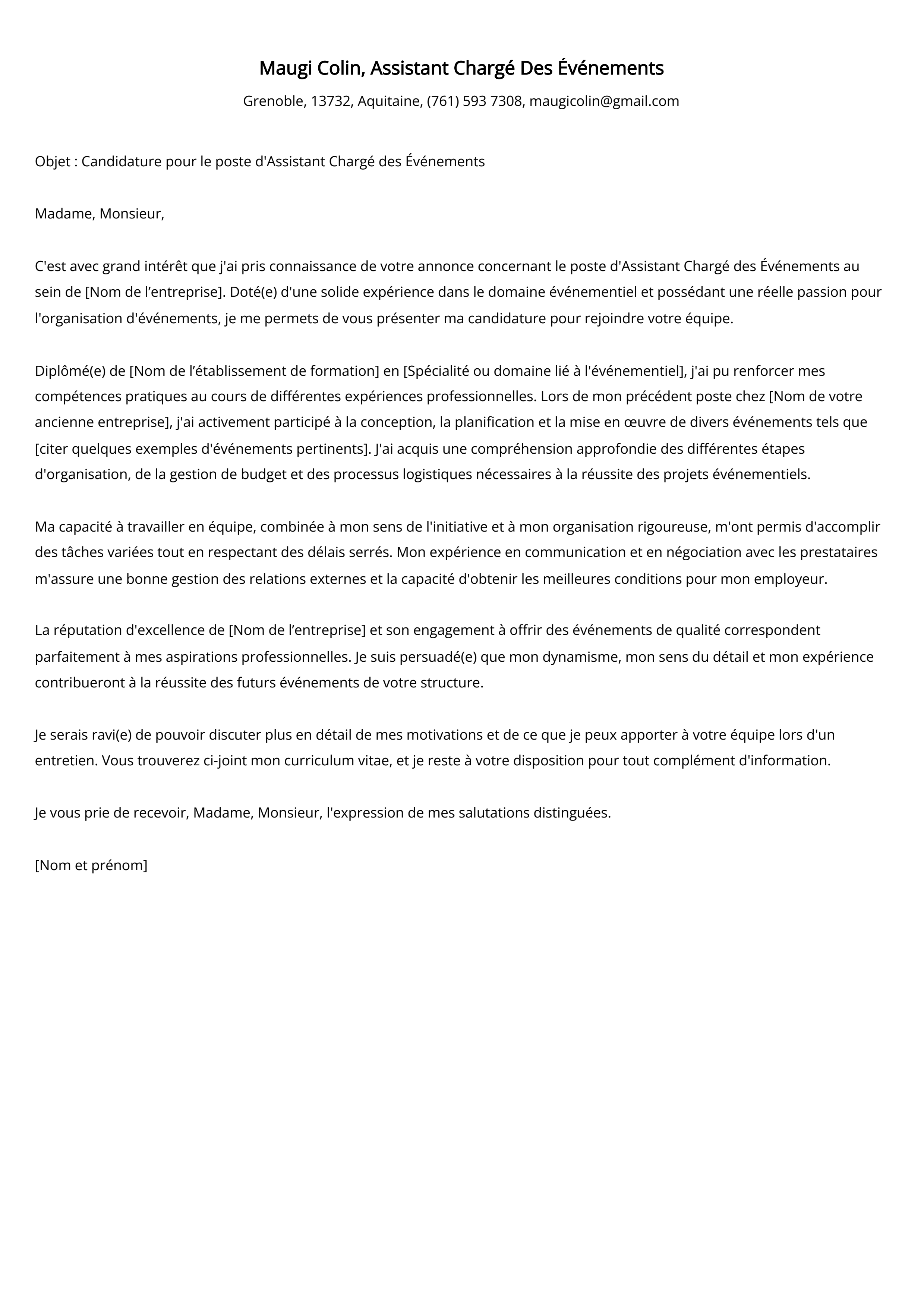 Lettre de motivation de l'assistant du chargé des événements