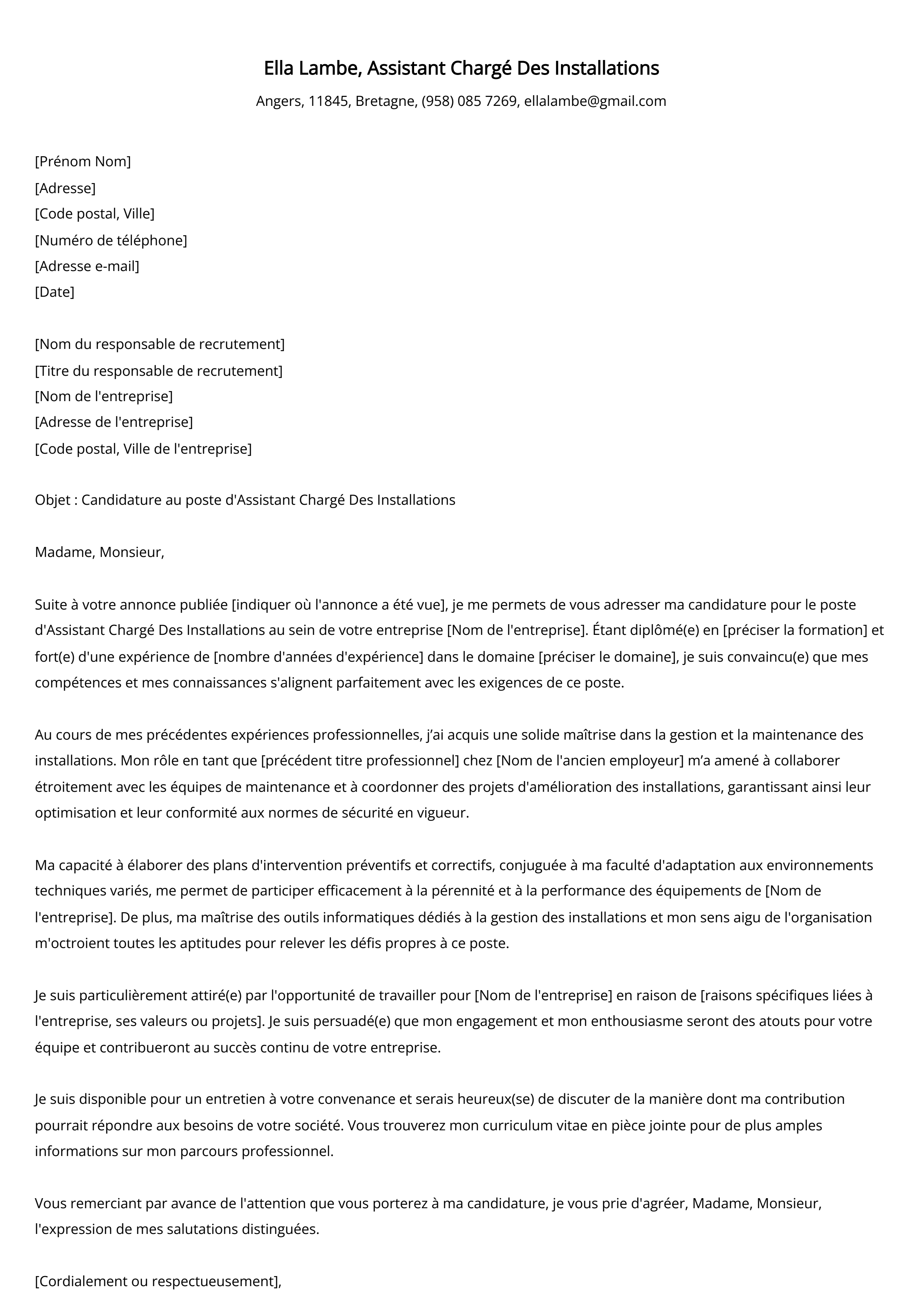 Lettre de motivation de l'assistant chargé des installations Exemple de lettre de motivation