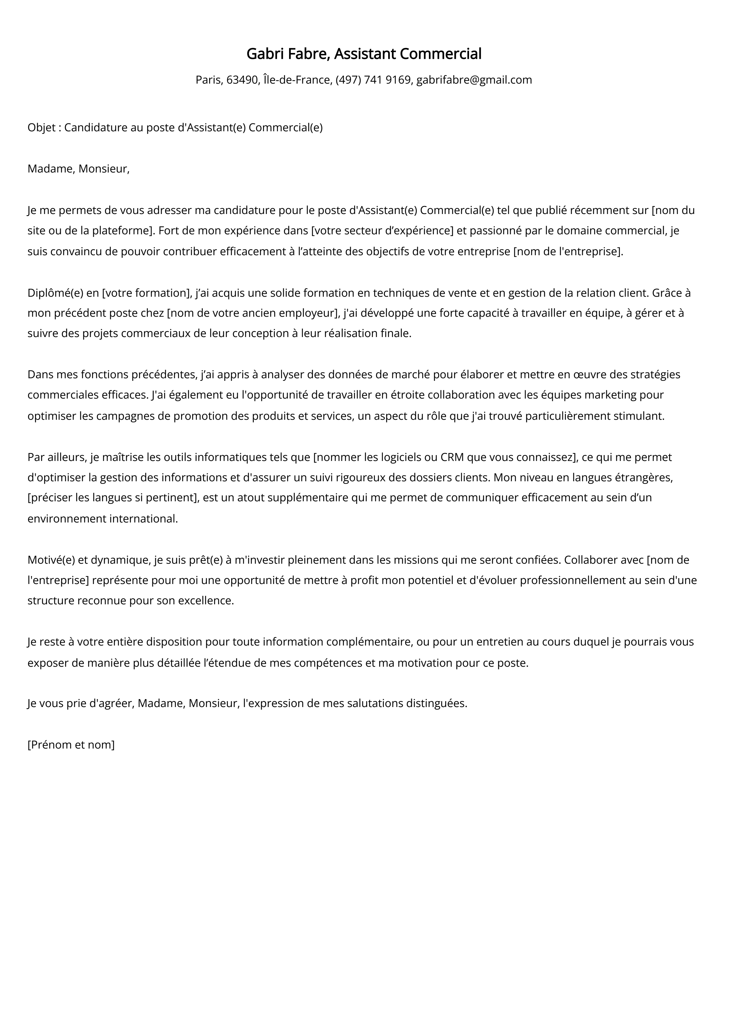 Exemple de lettre de couverture pour un assistant commercial