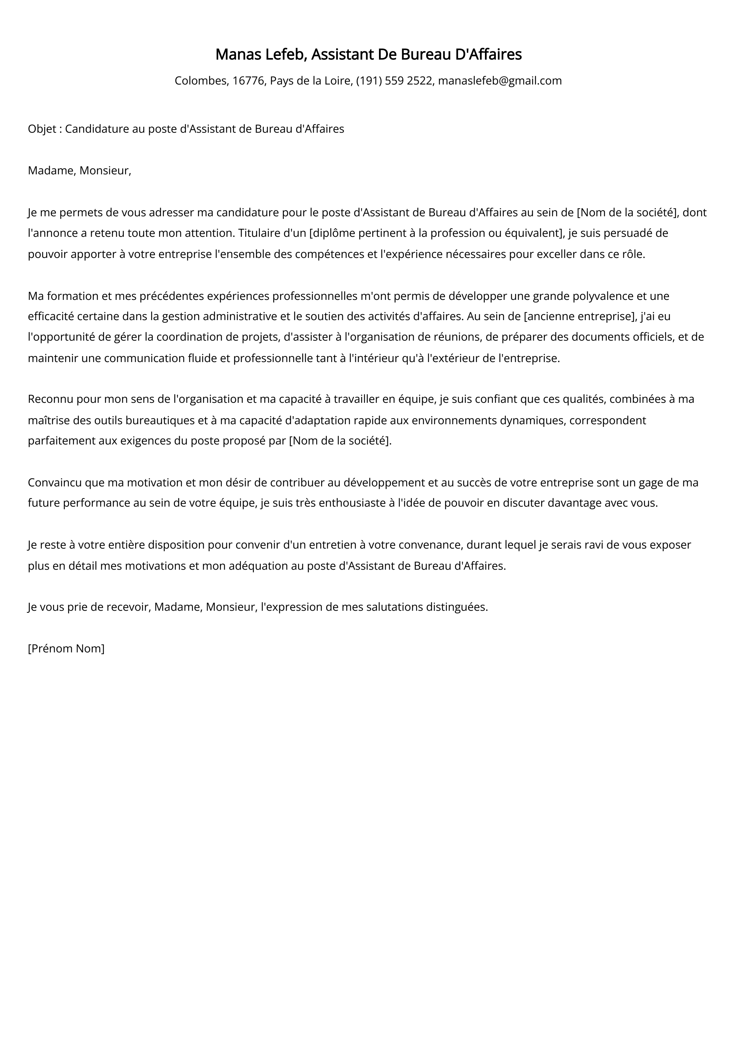 Exemple de lettre de motivation pour un assistant de bureau d'affaires