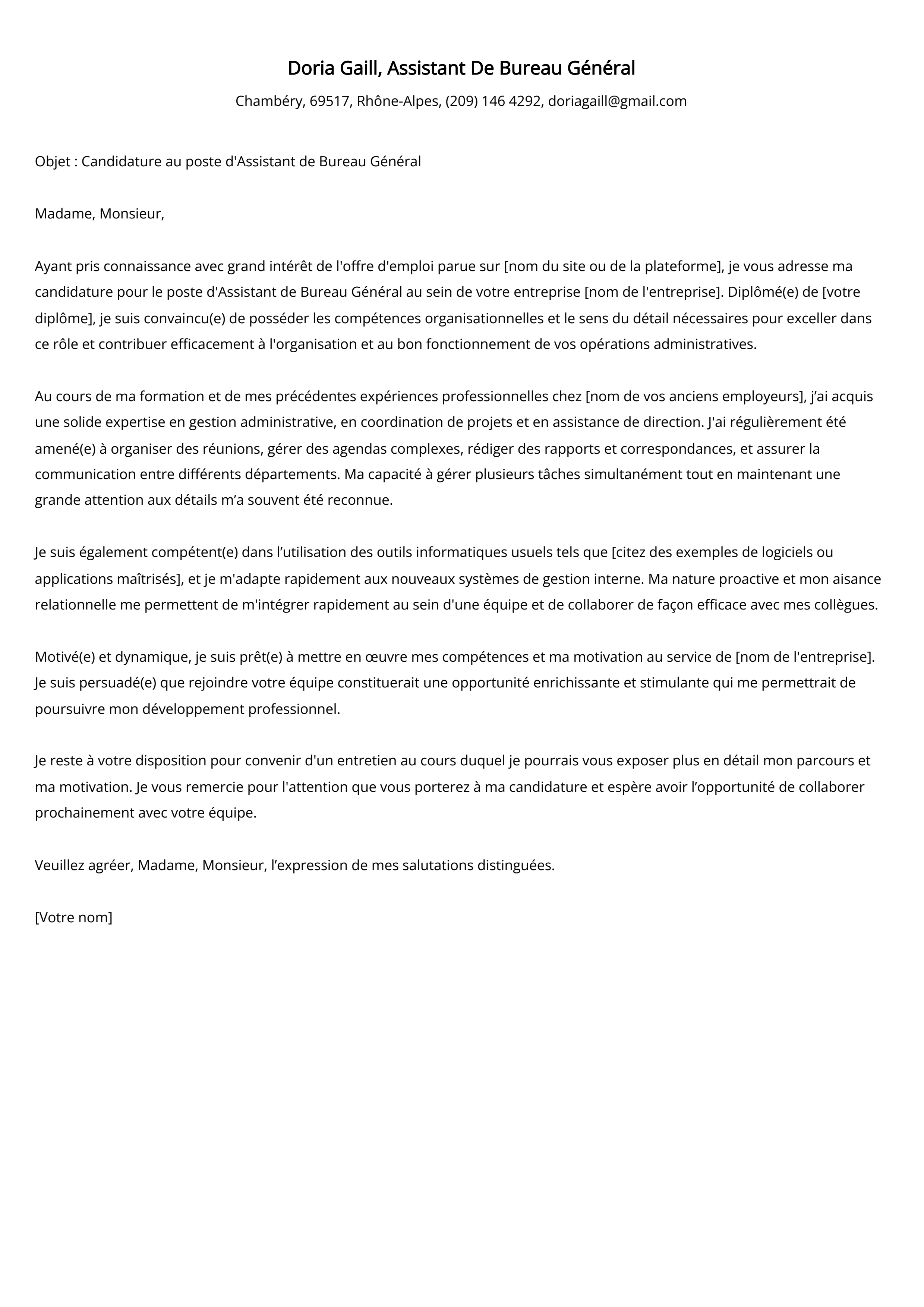 Exemple de lettre de motivation pour un assistant de bureau général