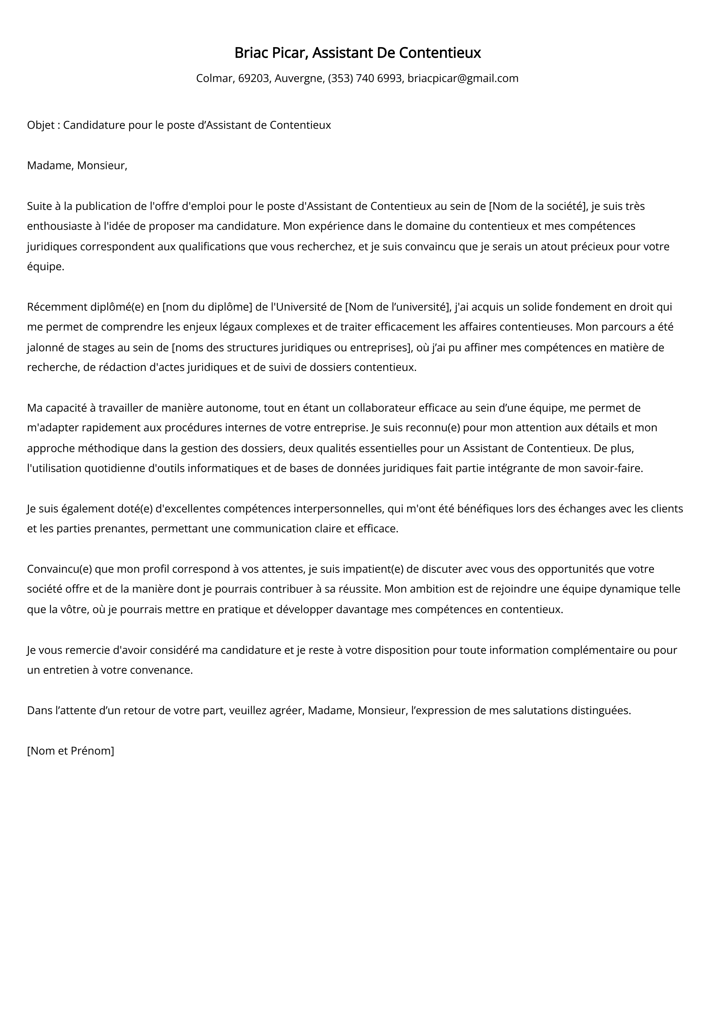 Lettre de motivation de l'assistant de contentieux