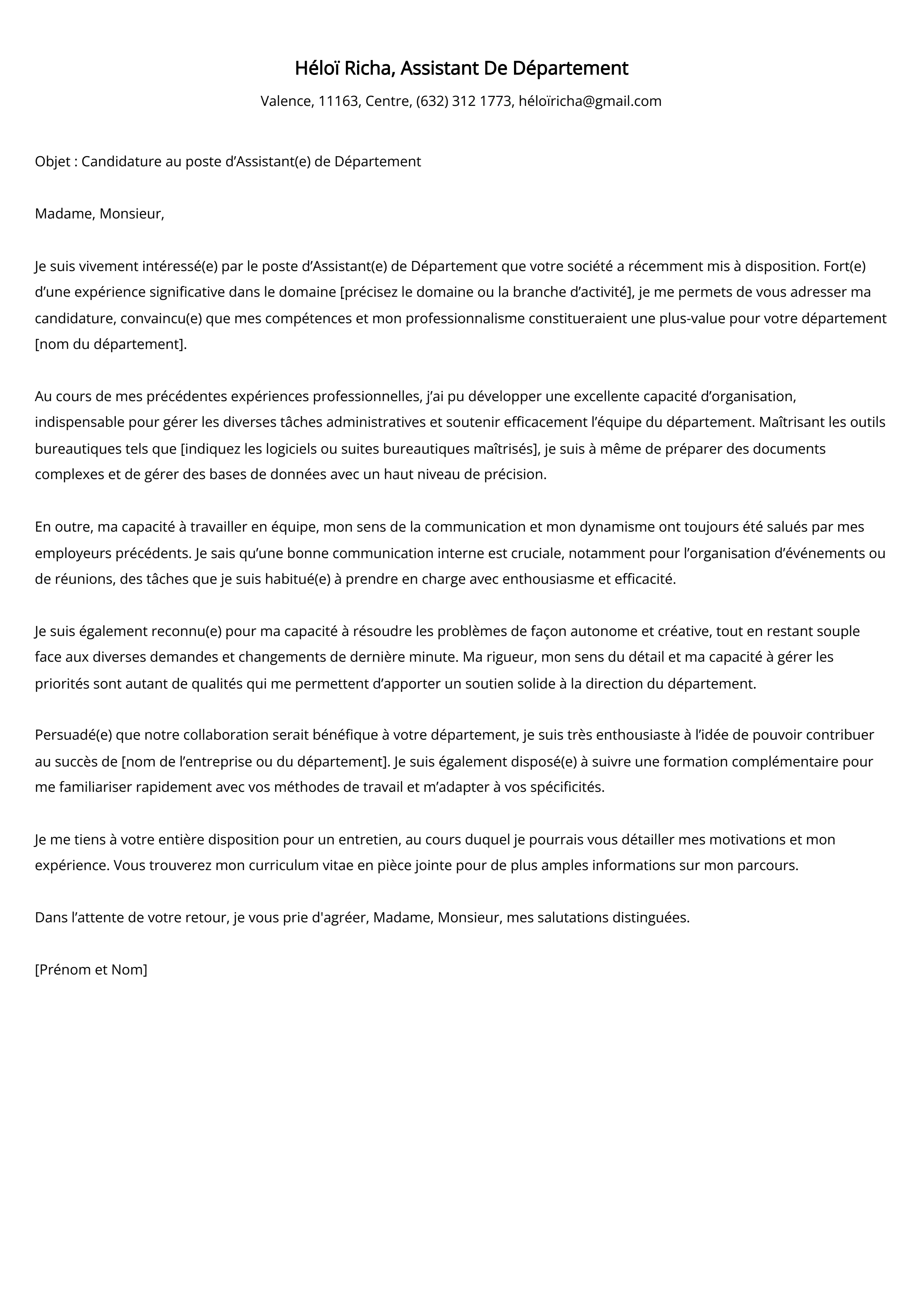 Exemple de lettre de couverture pour un assistant de département