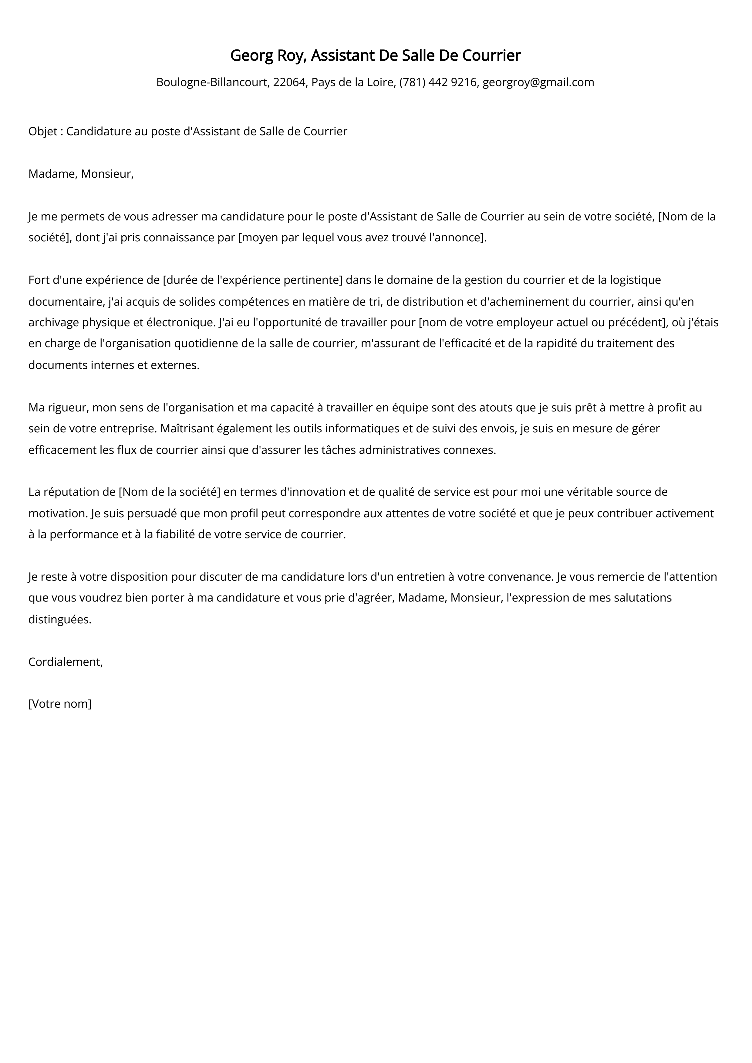 Exemple de lettre de motivation d'un assistant de salle de courrier