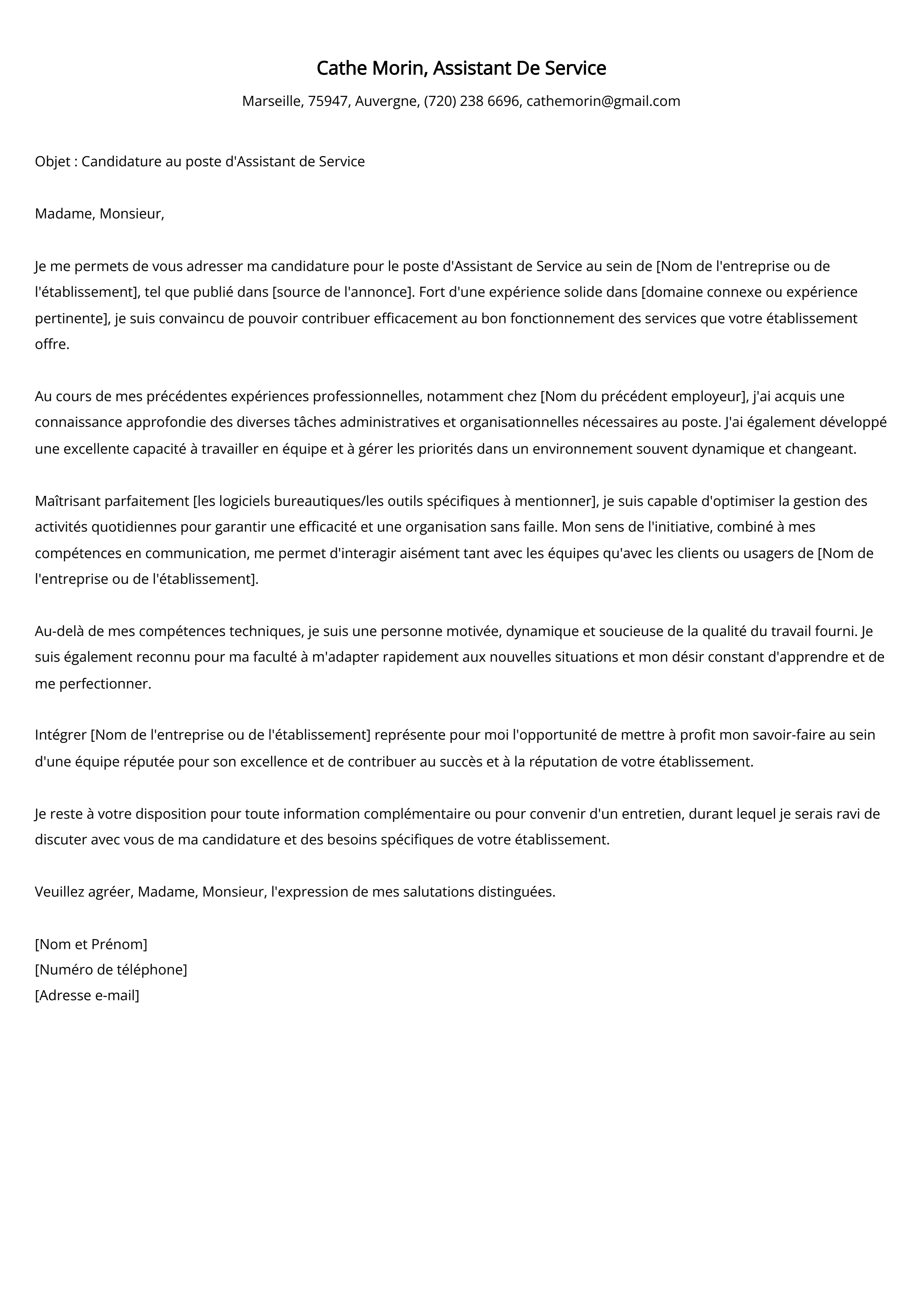 Exemple de lettre de couverture pour un assistant de service