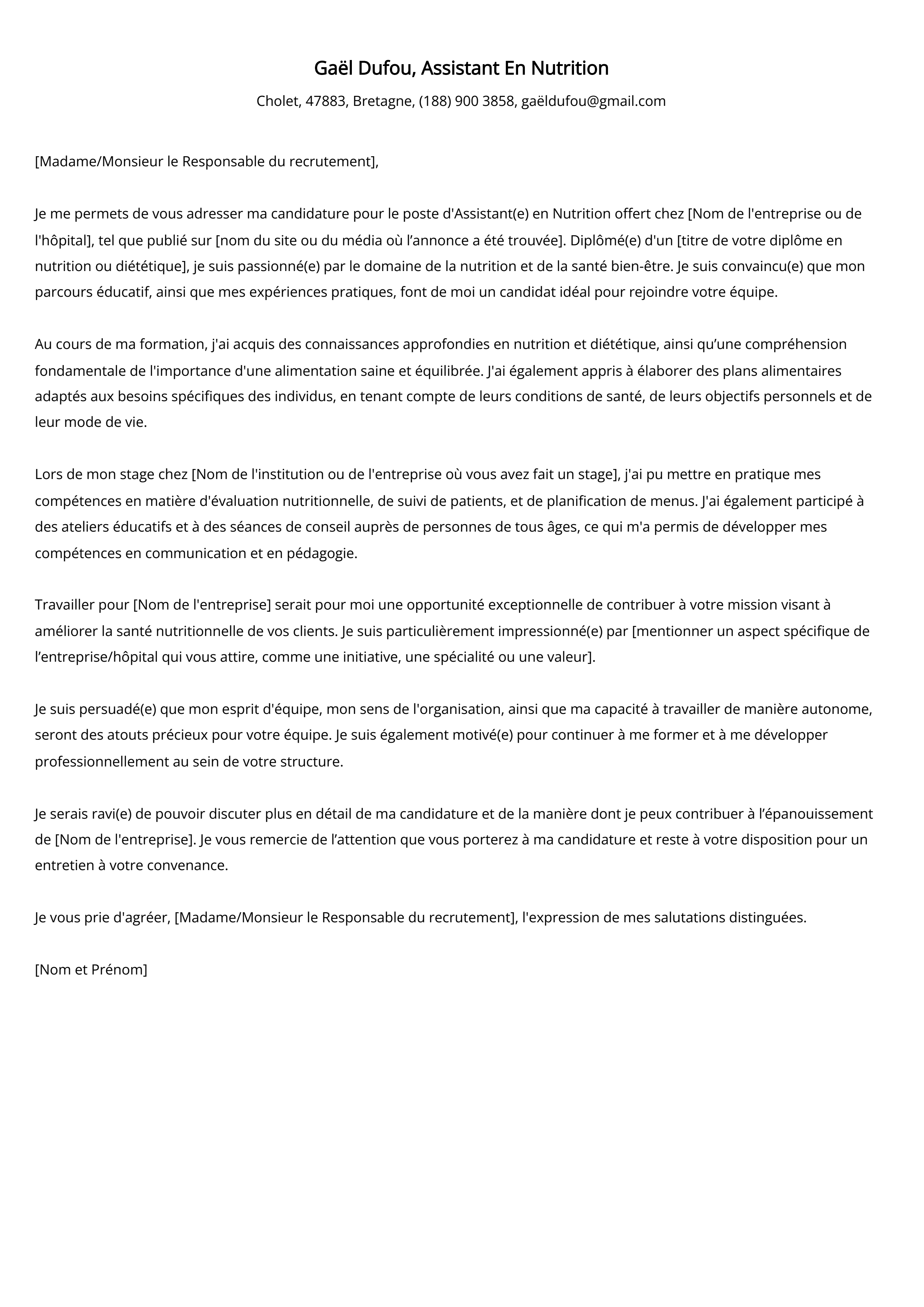 Lettre de couverture de l'assistant en nutrition