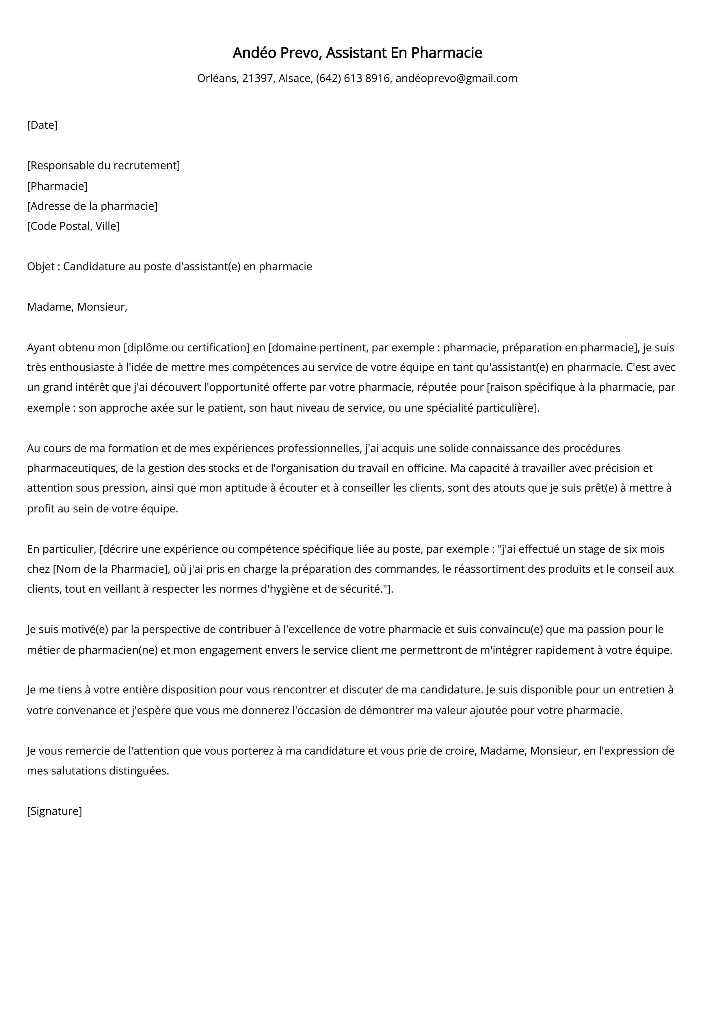 Assistant En Pharmacie Cover Letter Example