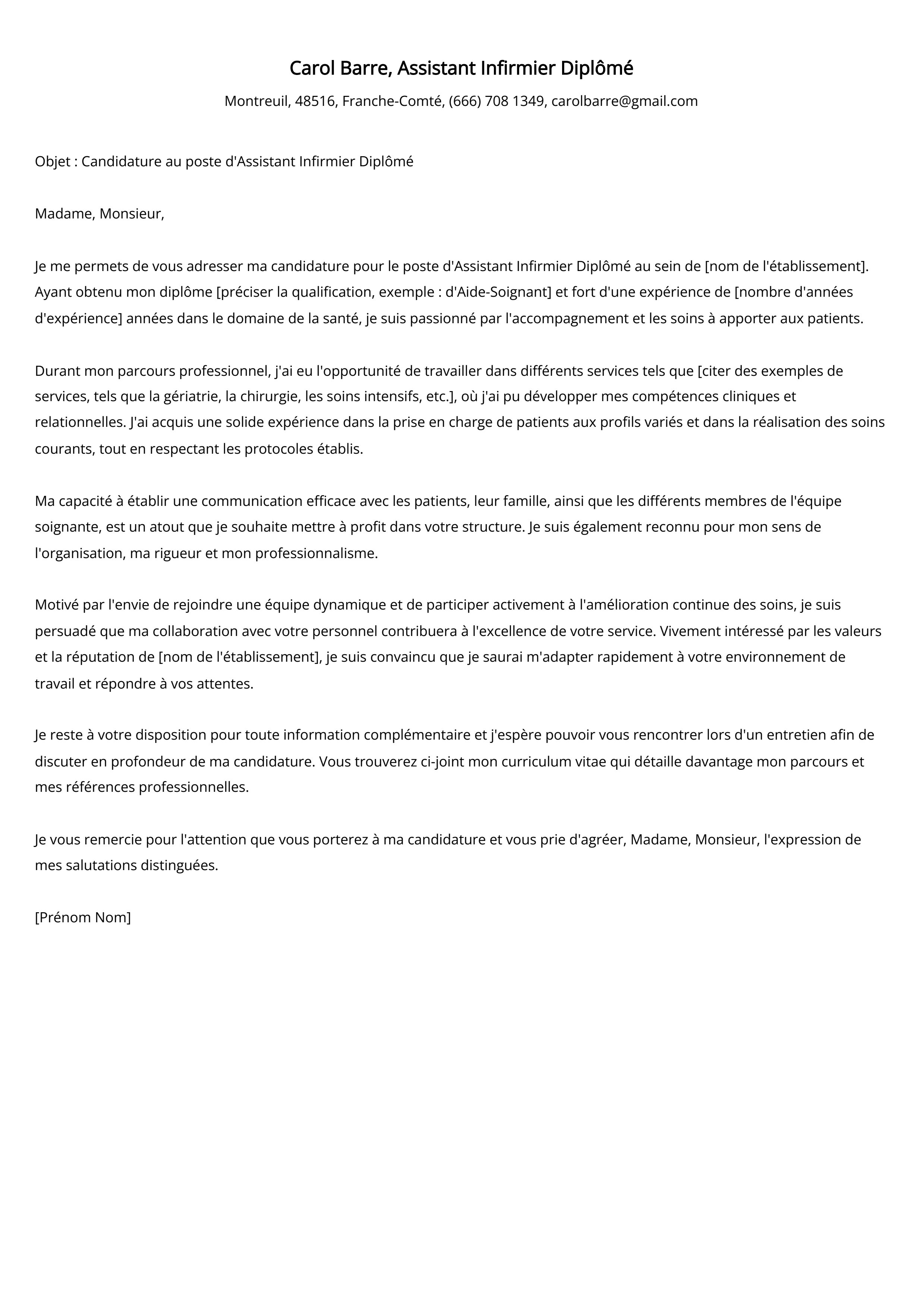 Lettre de motivation de l'assistant infirmier diplômé Exemple de lettre de motivation